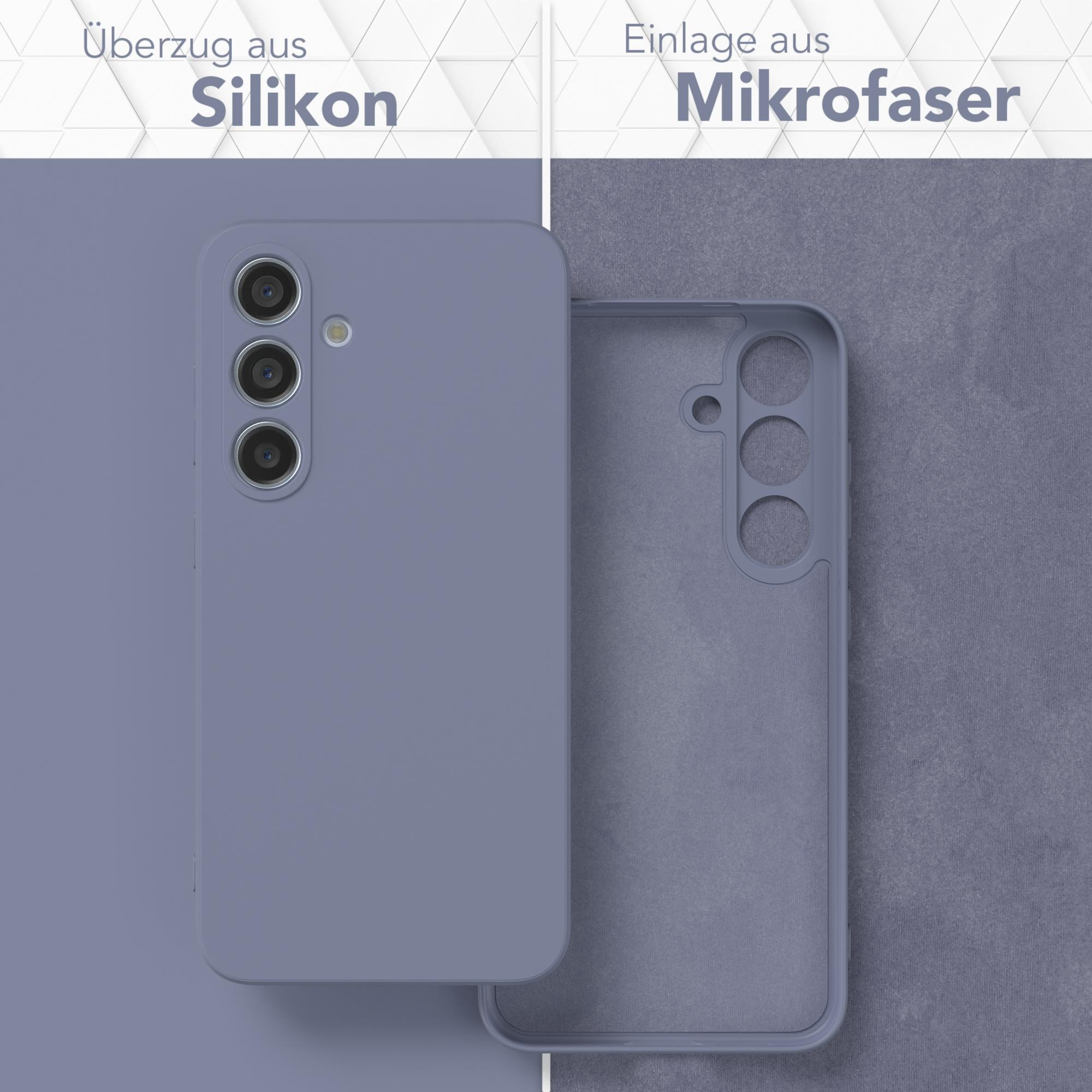 Zwei Teile einer Handyhülle: einer einfarbig blau, der andere transparent. Text sagt 'Silikon' und 'Mikrofaser'.