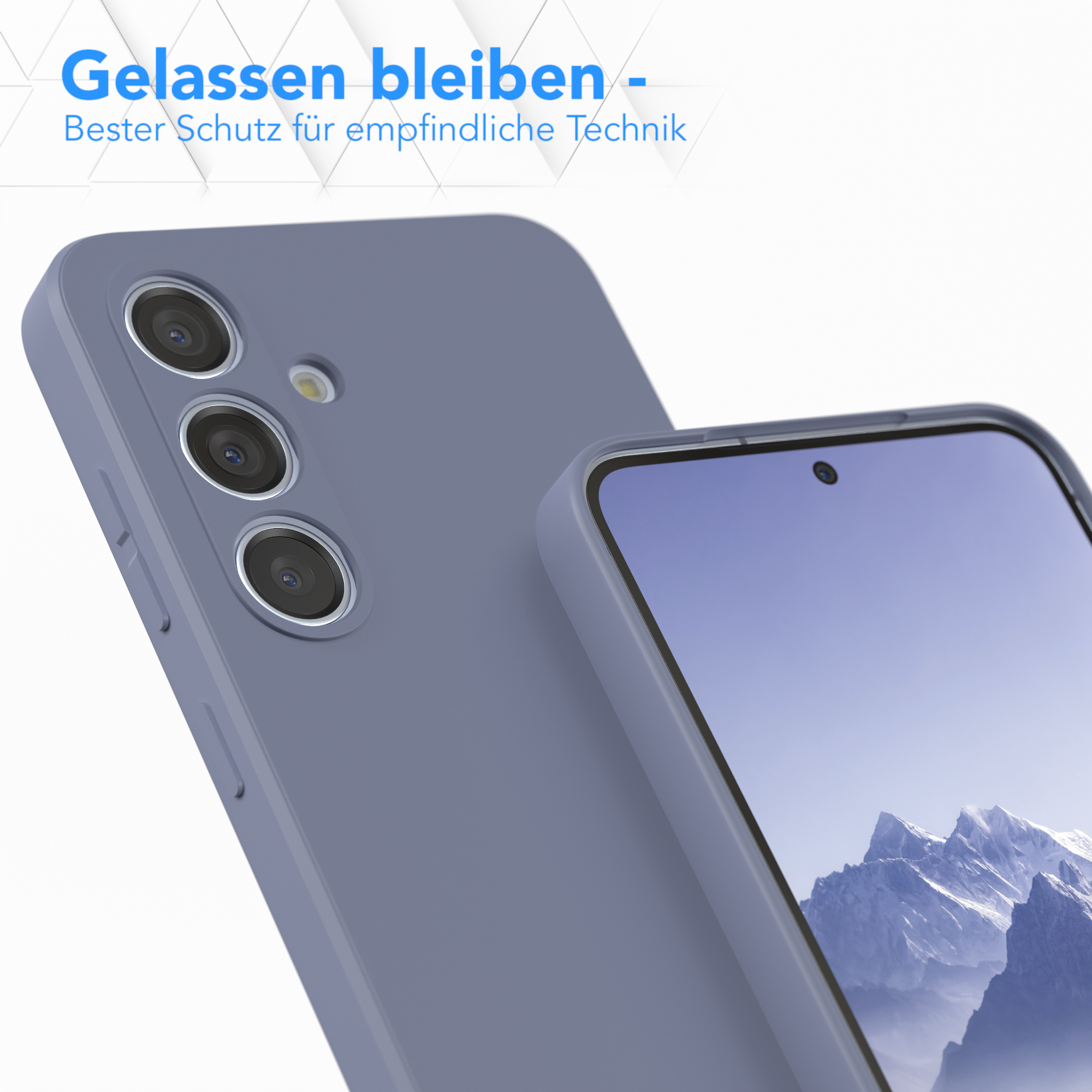 Ein Telefon in einer blauen Hülle. Das Telefon ist abgewinkelt, der Bildschirm zeigt eine Bergansicht.