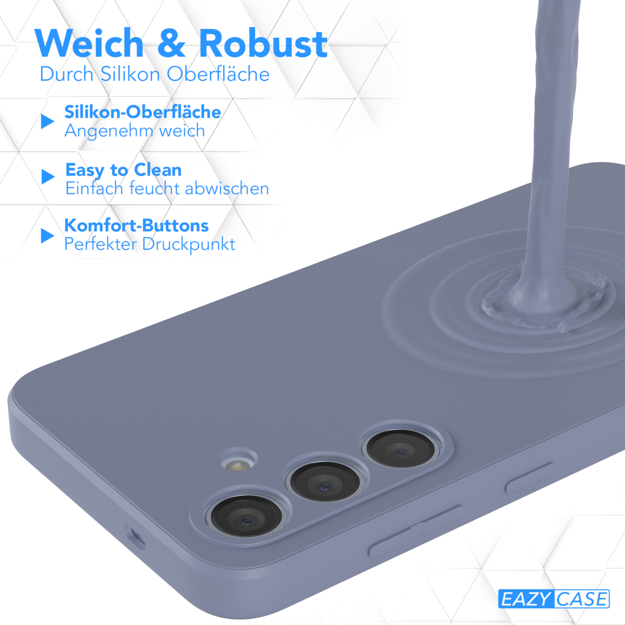 Blaue Handyhülle mit Telefon, wird mit blauer Flüssigkeit übergossen. Aussparungen für Kameras.