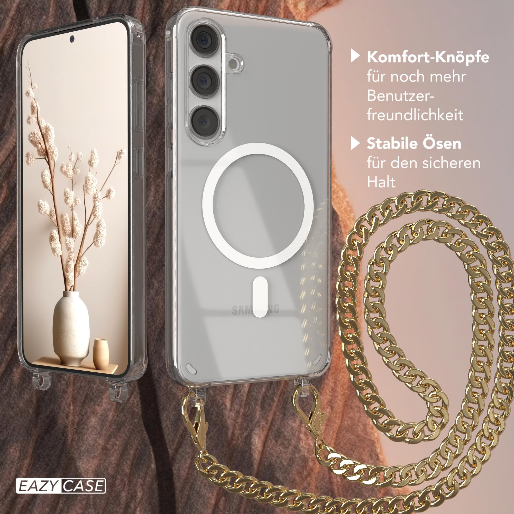 Transparente Handyhülle mit goldener Kette, einem Telefon darin und einer Vase mit Blumen.