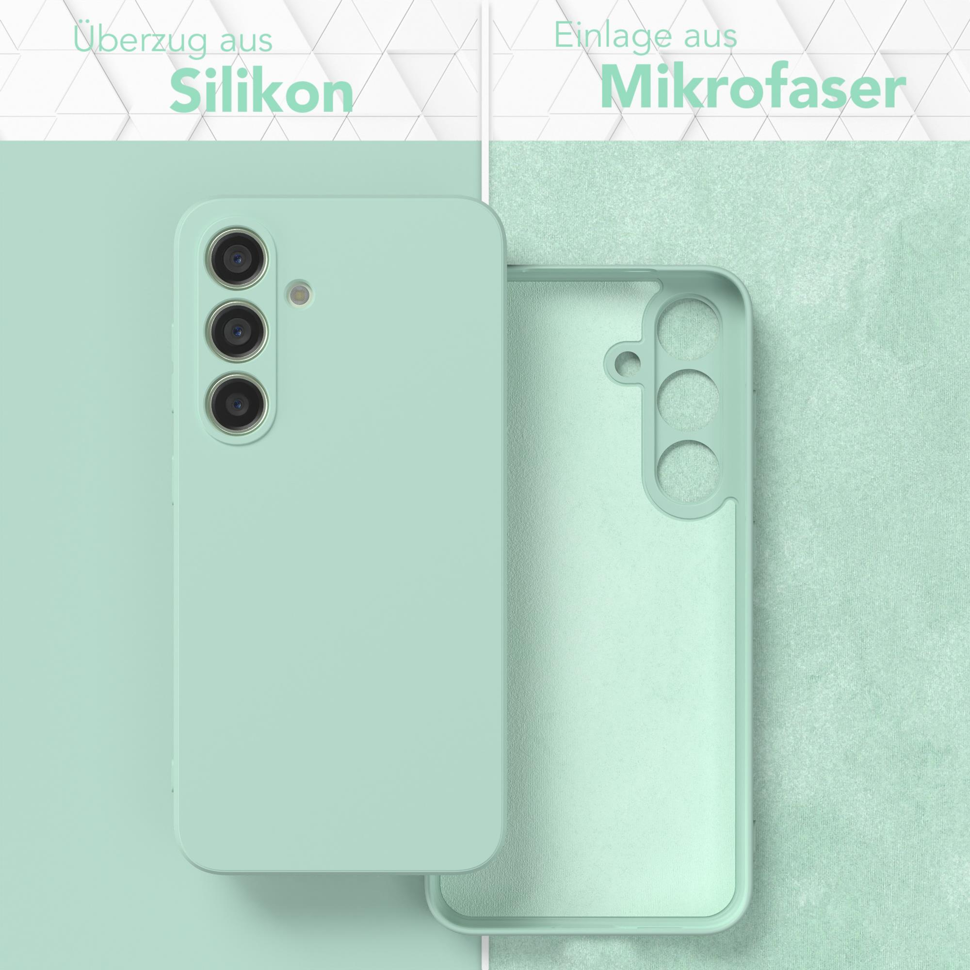 Eine Handyhülle mit Silikonhülle und Mikrofaserfutter. Die Hülle ist mintgrün.