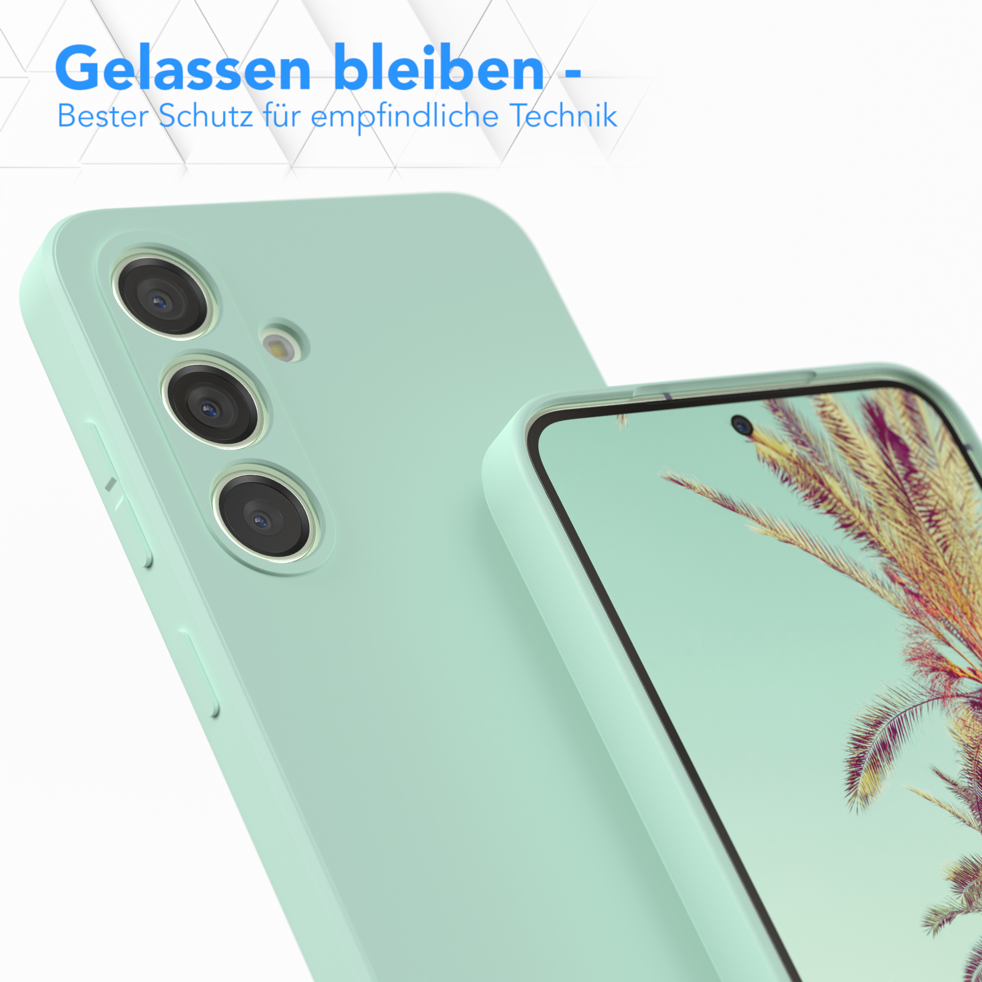 Zwei mintgrüne Handyhüllen, eine auf einem Telefon. Text auf dem Bild deutet darauf hin, dass die Hülle das Telefon schützt.