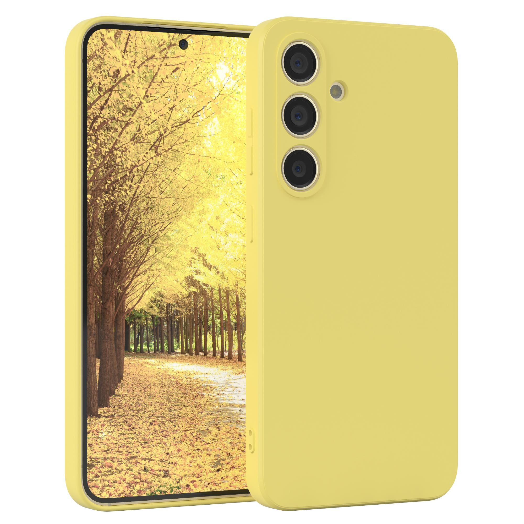 Gelbe Handyhülle auf einem Telefon, weißer Hintergrund. Das Telefon hat einen Bildschirm und eine Kamera.