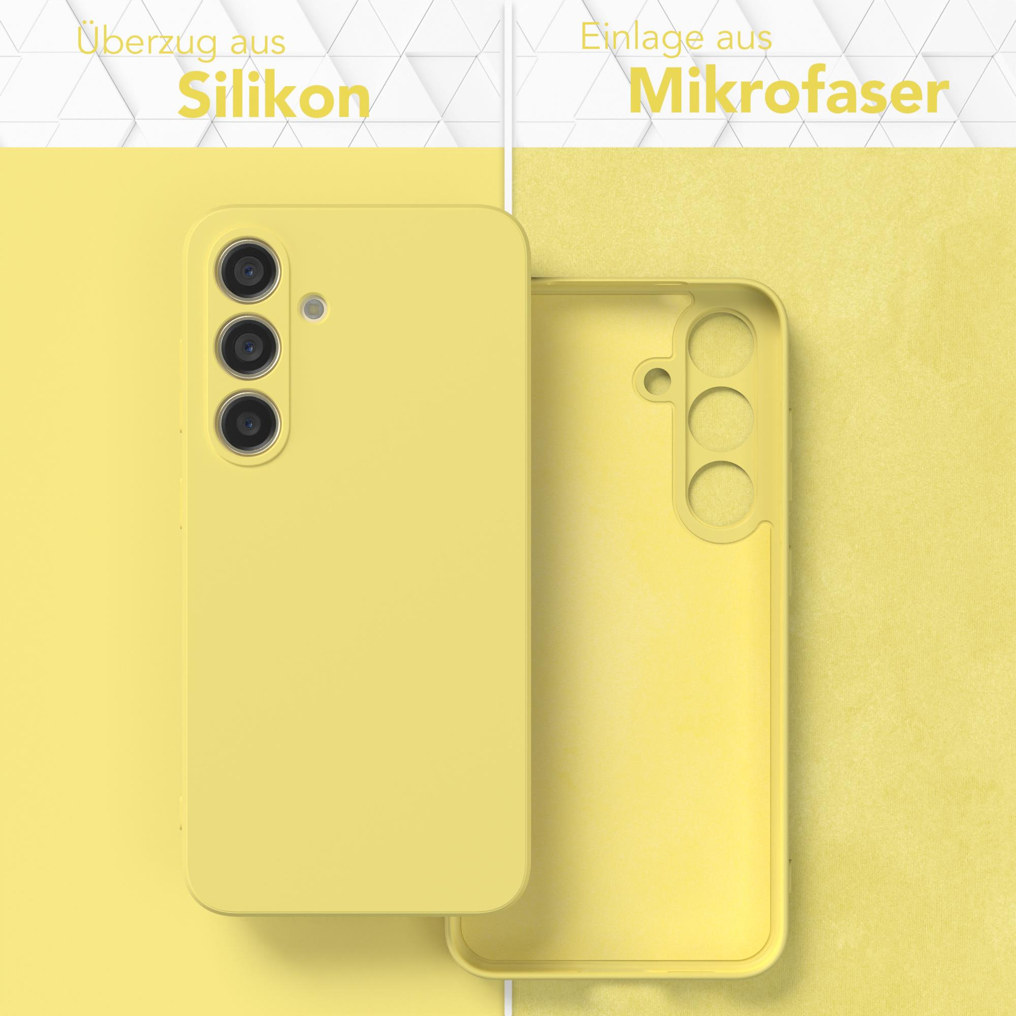 Zwei gelbe Handyhüllen, eine mit Telefon, die andere offen.
