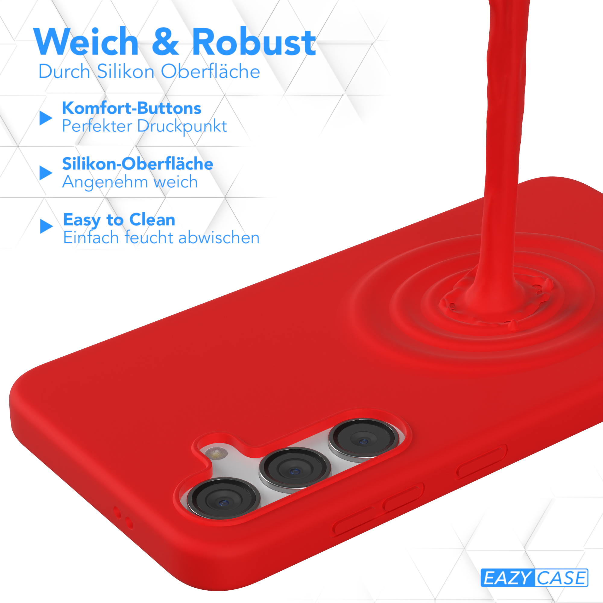 Eine Handyhülle mit roter Oberfläche. Rote Flüssigkeit wird über die Oberfläche gegossen.