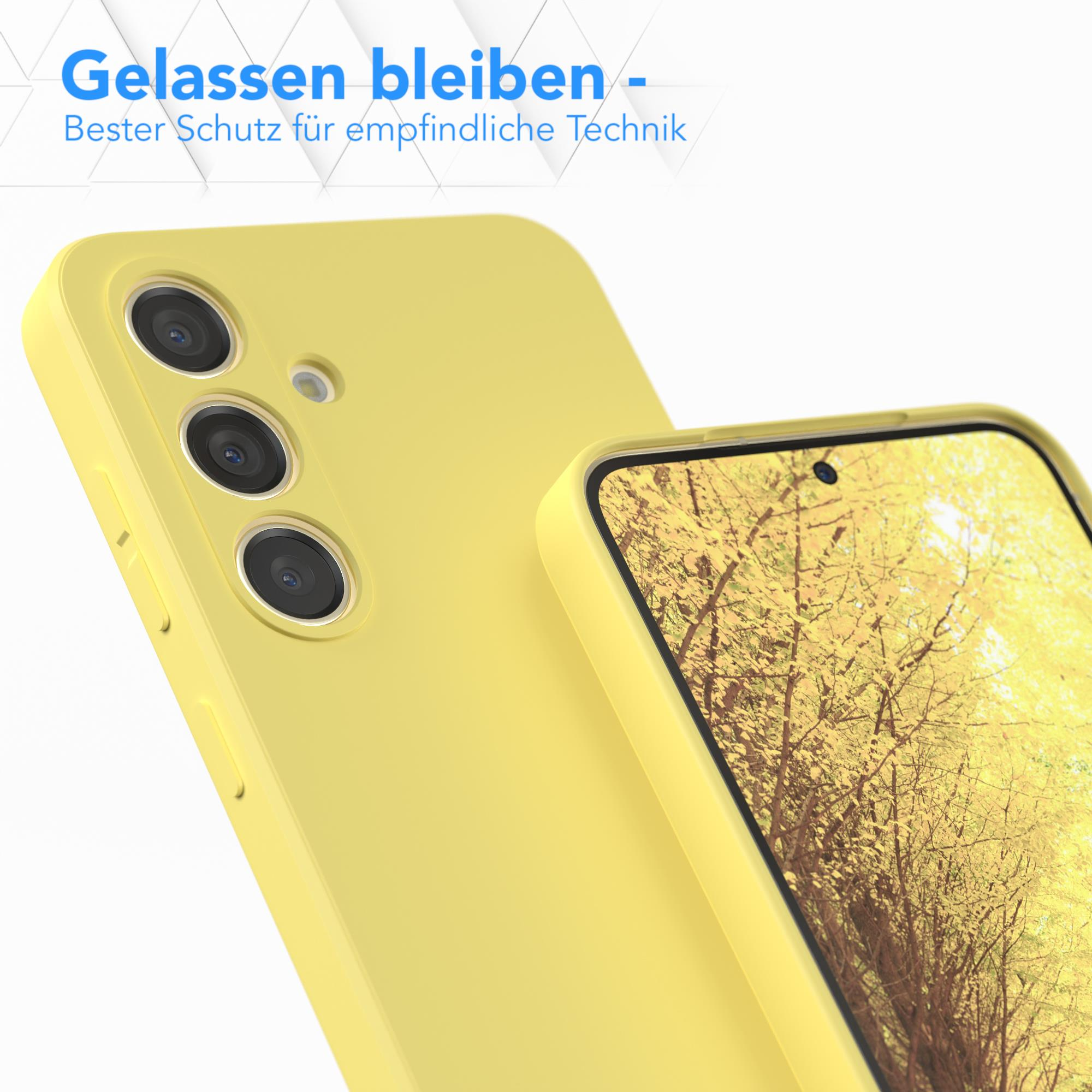 Zwei gelbe Handyhüllen. Eine mit Telefon, die andere ohne. Text oben.