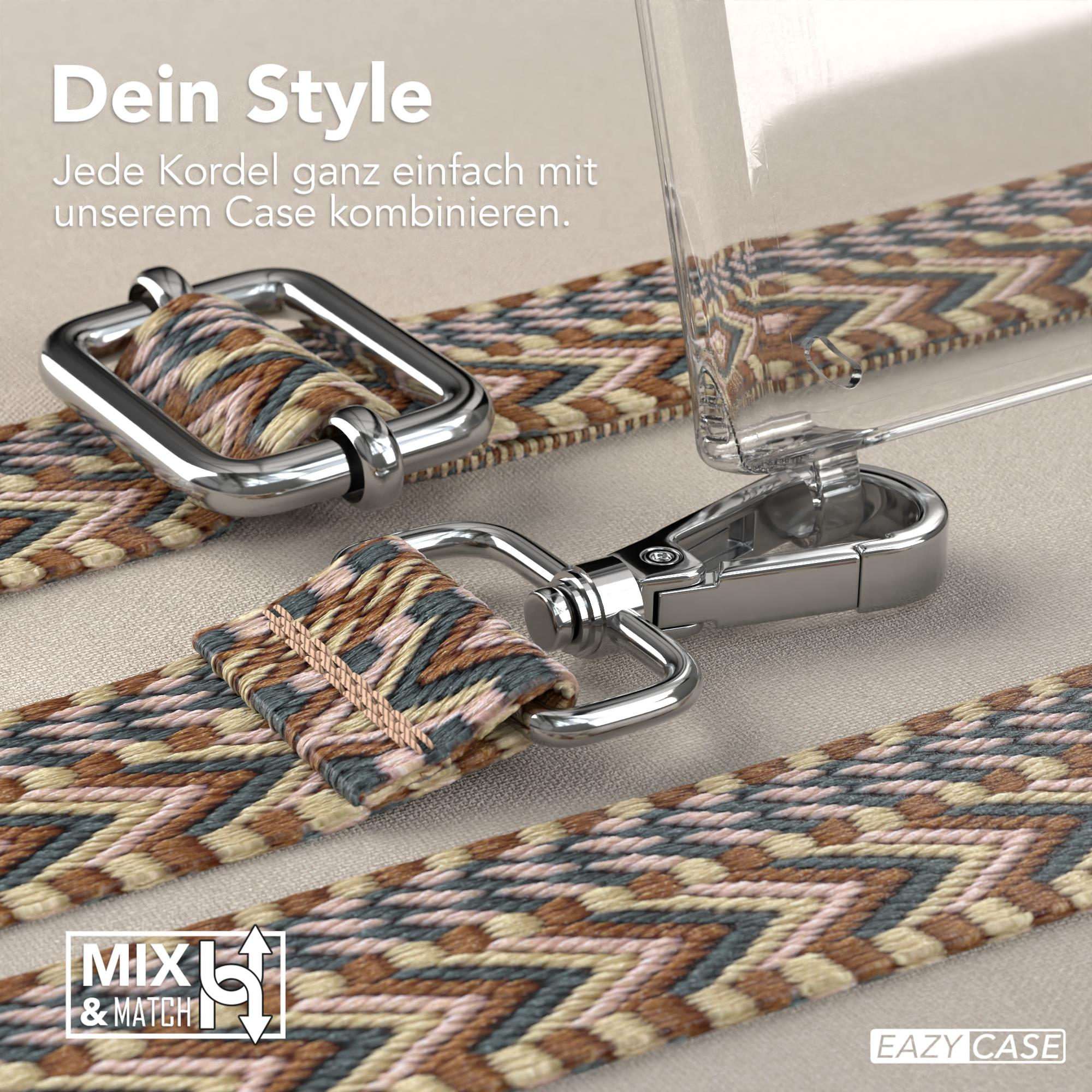 Nahaufnahme der Telefonhüllenriemenbefestigungen. Silberne Hardware. Text: Mix & Match, Dein Style.