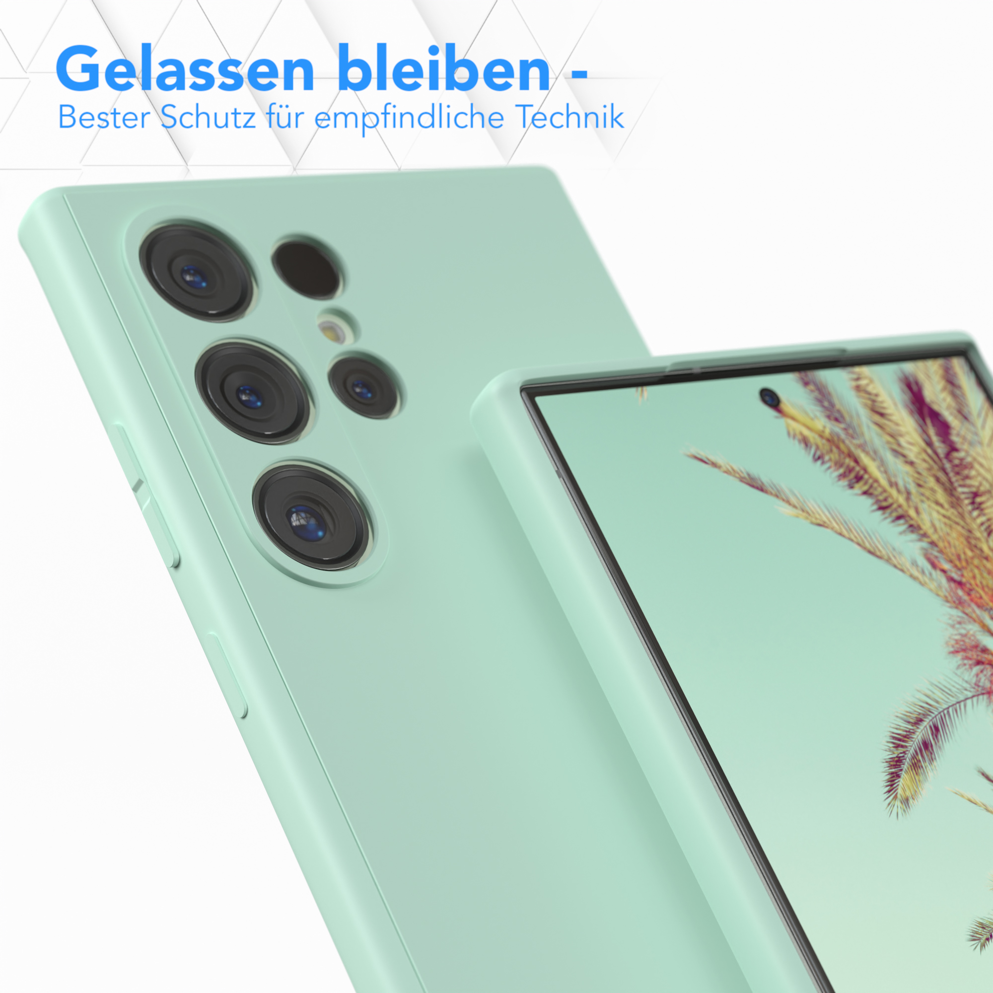 Nahaufnahme eines mintfarbenen Telefons und einer Handyhülle, die die Kameralinsen zeigt.