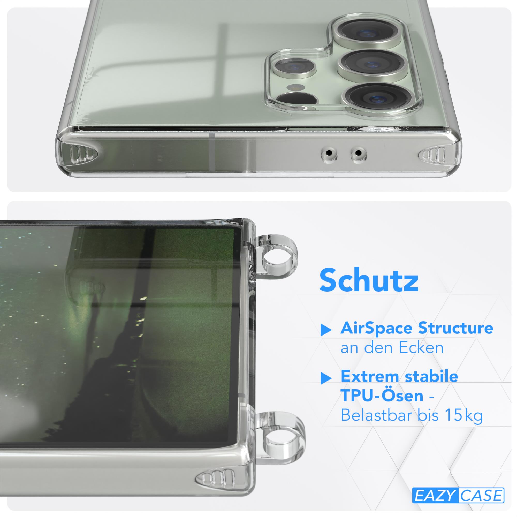 Nahaufnahme einer Handyhülle, die ihre Eigenschaften hervorhebt. Text hebt AirSpace Structure und TPU-Ösen hervor.