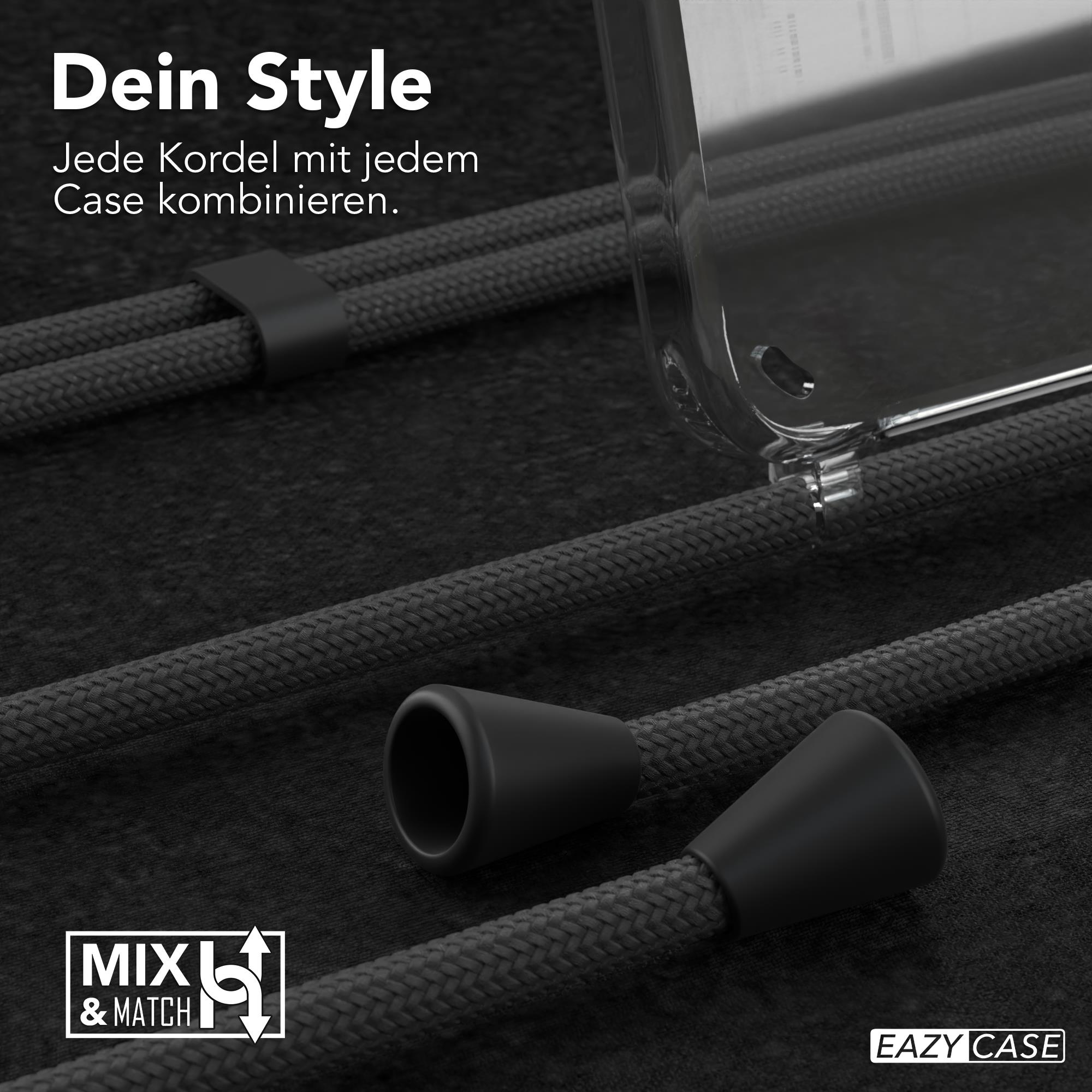 Schwarze Handykordel mit zwei schwarzen Kappen. Text: Dein Style. Jede Kordel mit jedem Case kombinieren.