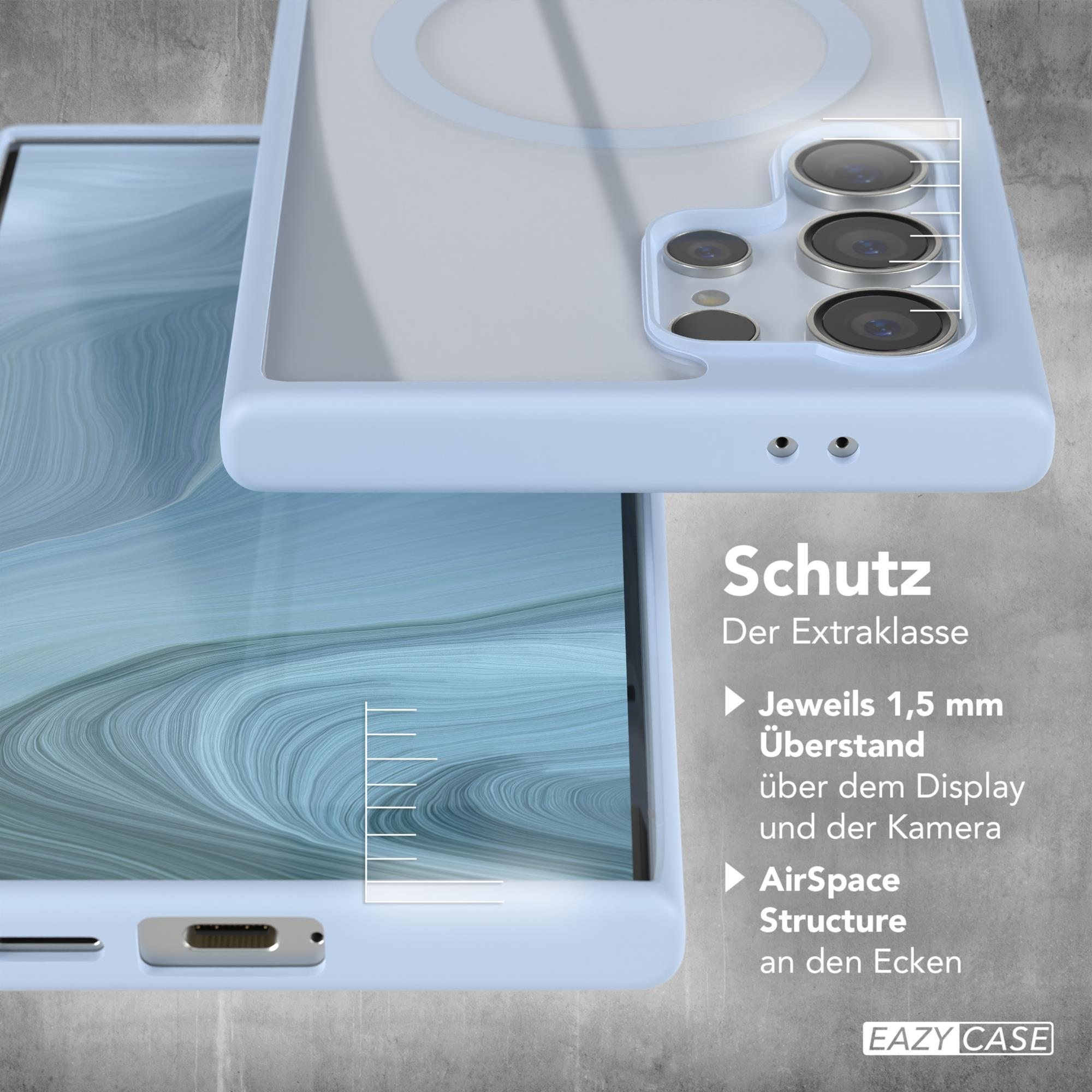 Hellblaue Handyhülle mit weißem Ring für MagSafe, Text rechts.