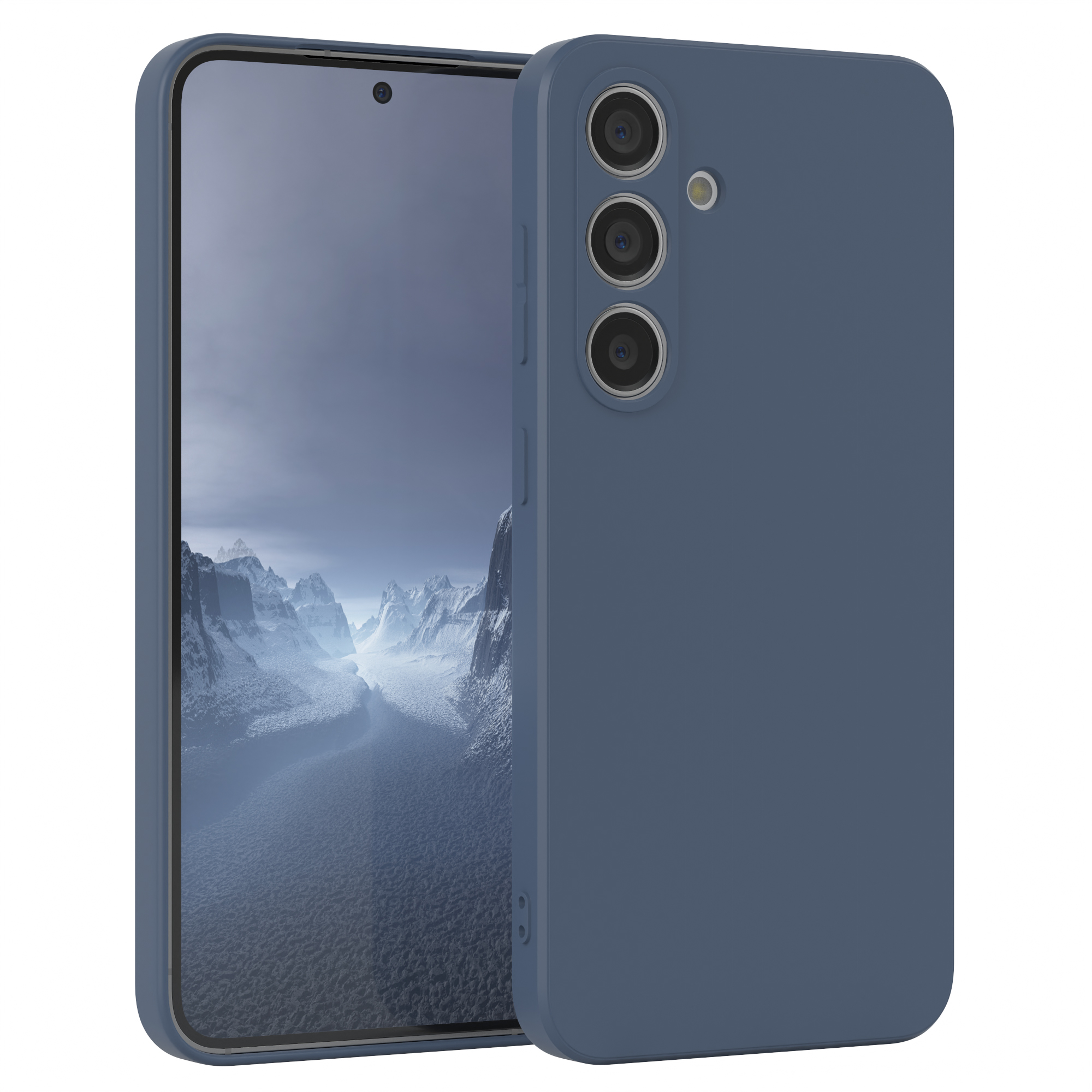 Blaues Telefon mit blauer Hülle. Das Telefon hat drei Kameras. Die Hülle ist auf dem Telefon.