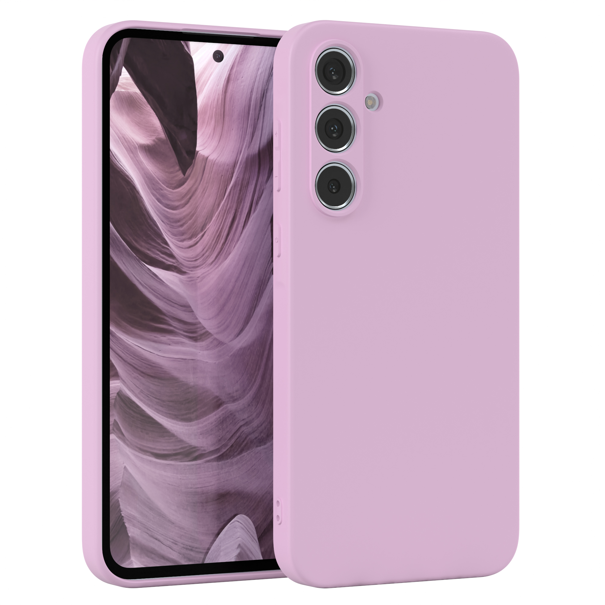 Rosa Handyhülle. Telefon hat drei Kameras. Weißer Hintergrund.