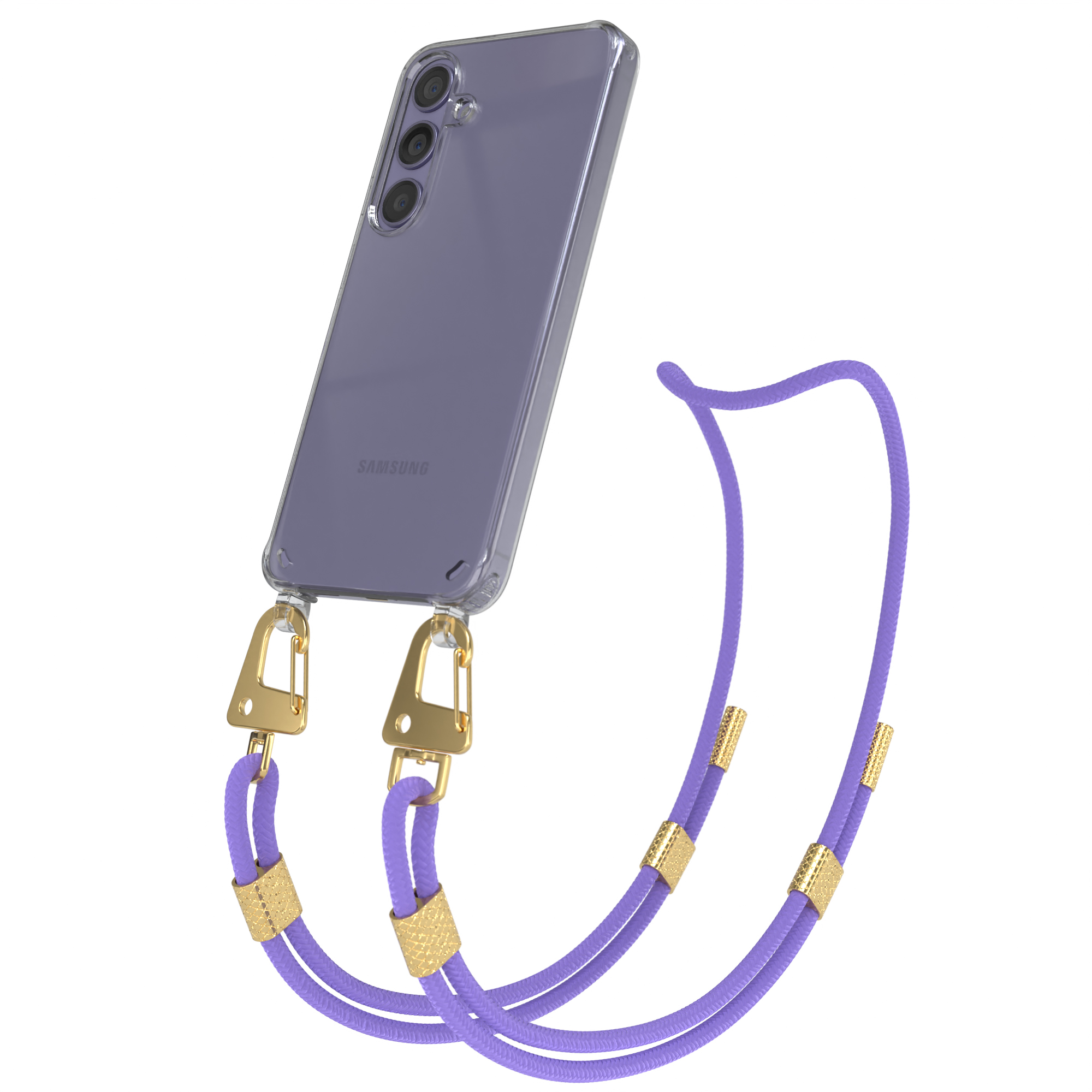 Lila Telefon mit klarer Hülle und lilafarbenem Kabel mit goldenen Details.
