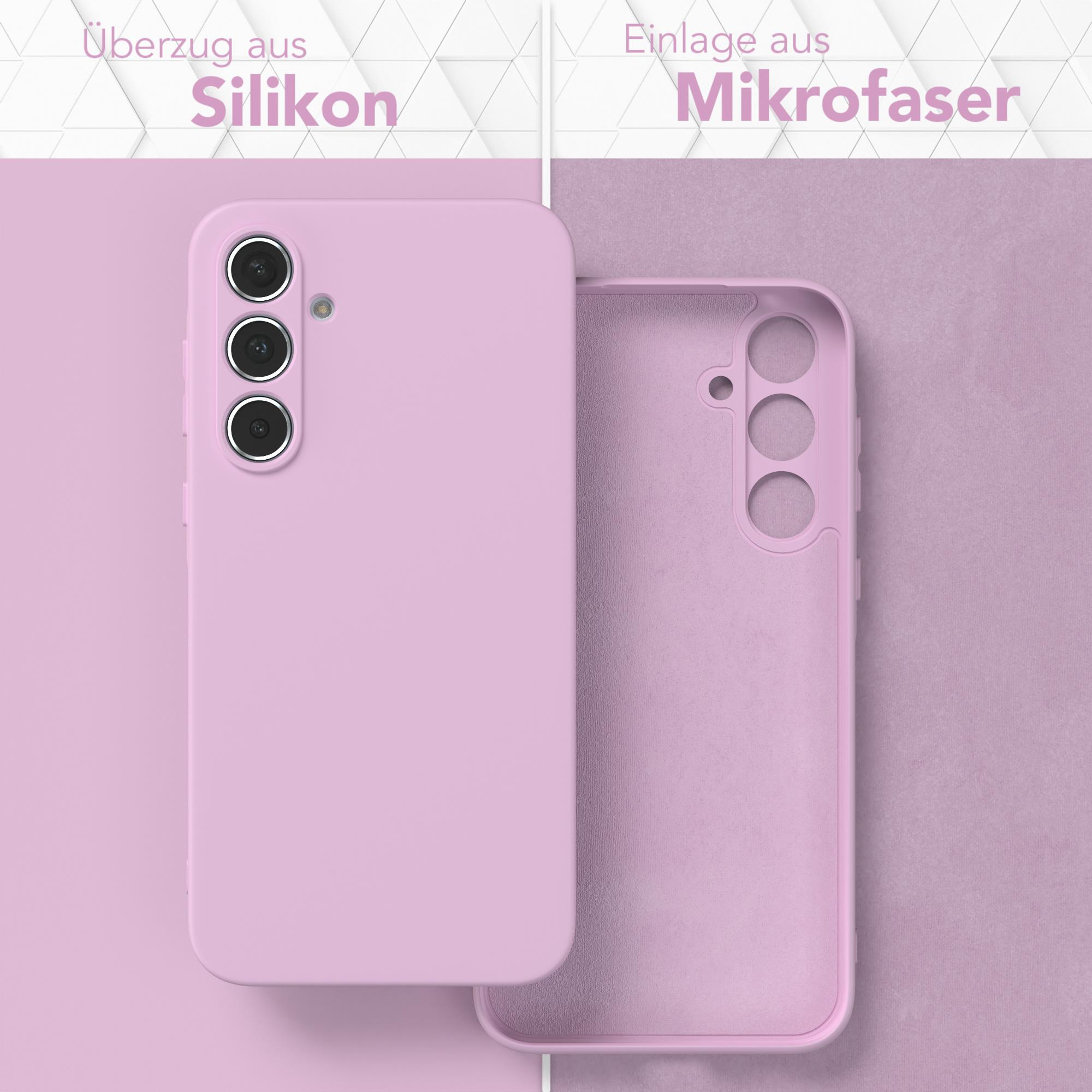 Zwei Handyhüllen, eine rosa, die andere offen und das rosa Innere zeigend, beide auf rosa Hintergrund.
