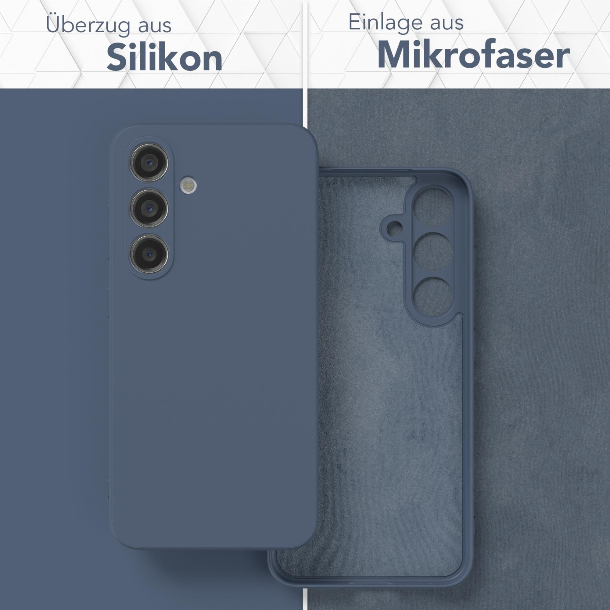 Eine blaue Handyhülle, bei der das Innere zu sehen ist. Die Hülle besteht aus Silikon und Mikrofaser. Die Hülle hat Kameralöcher.