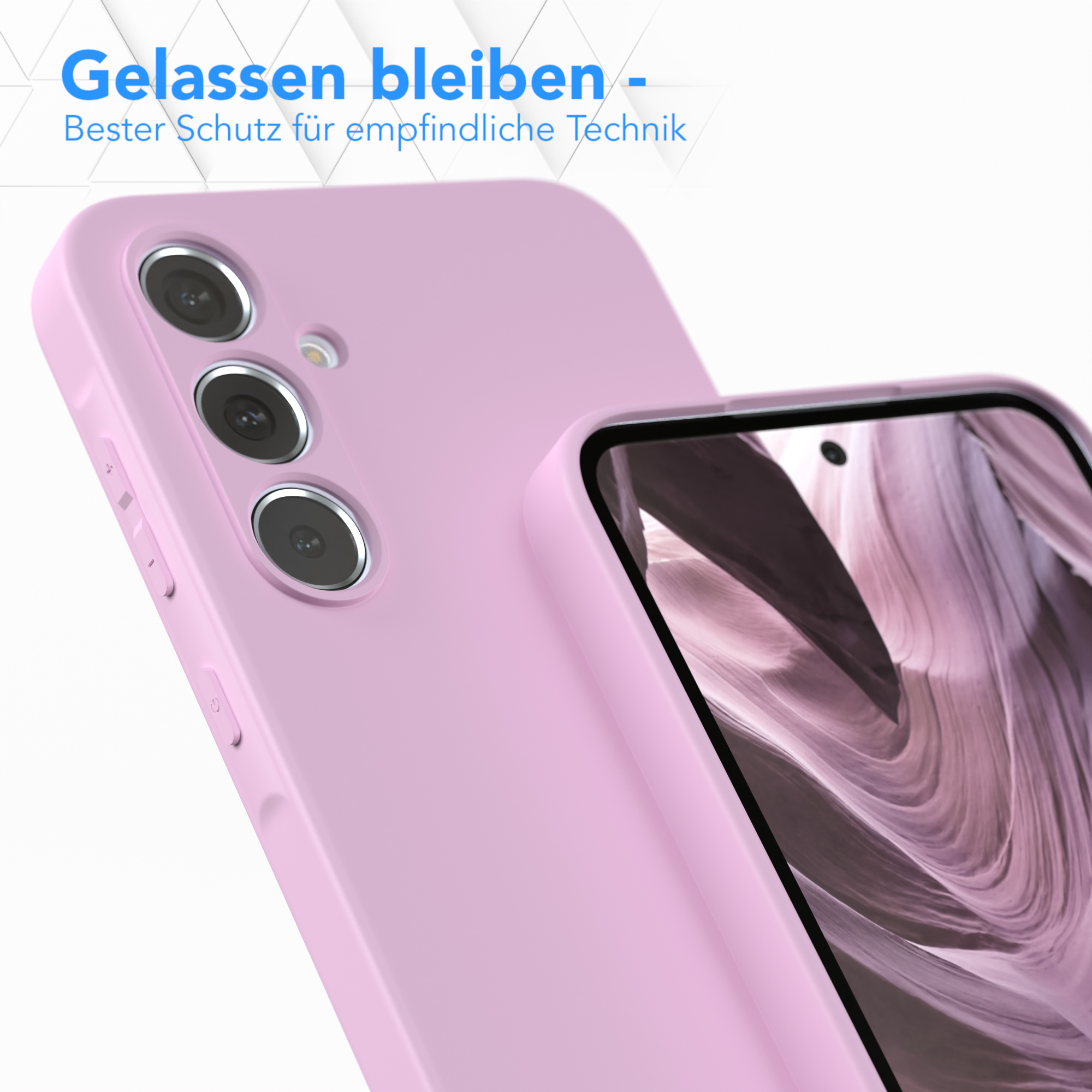 Rosa Handyhülle mit Telefon darin. Text überlagert auf verschwommenem Hintergrund.