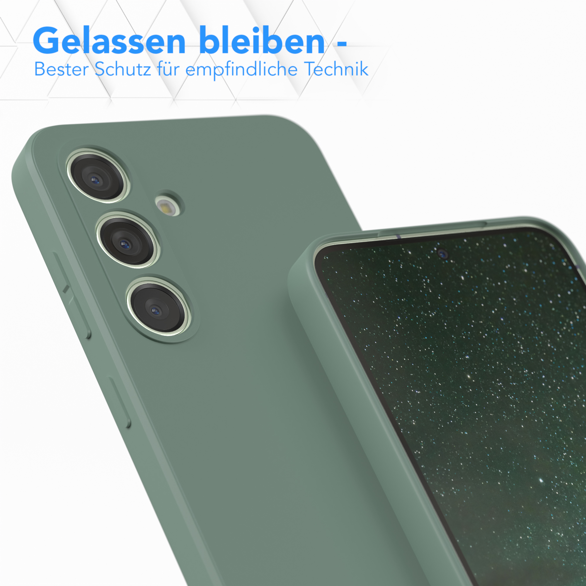 Grüne Handyhülle und Telefon. Hintergrund: Textüberlagerungen, Produktmerkmale.