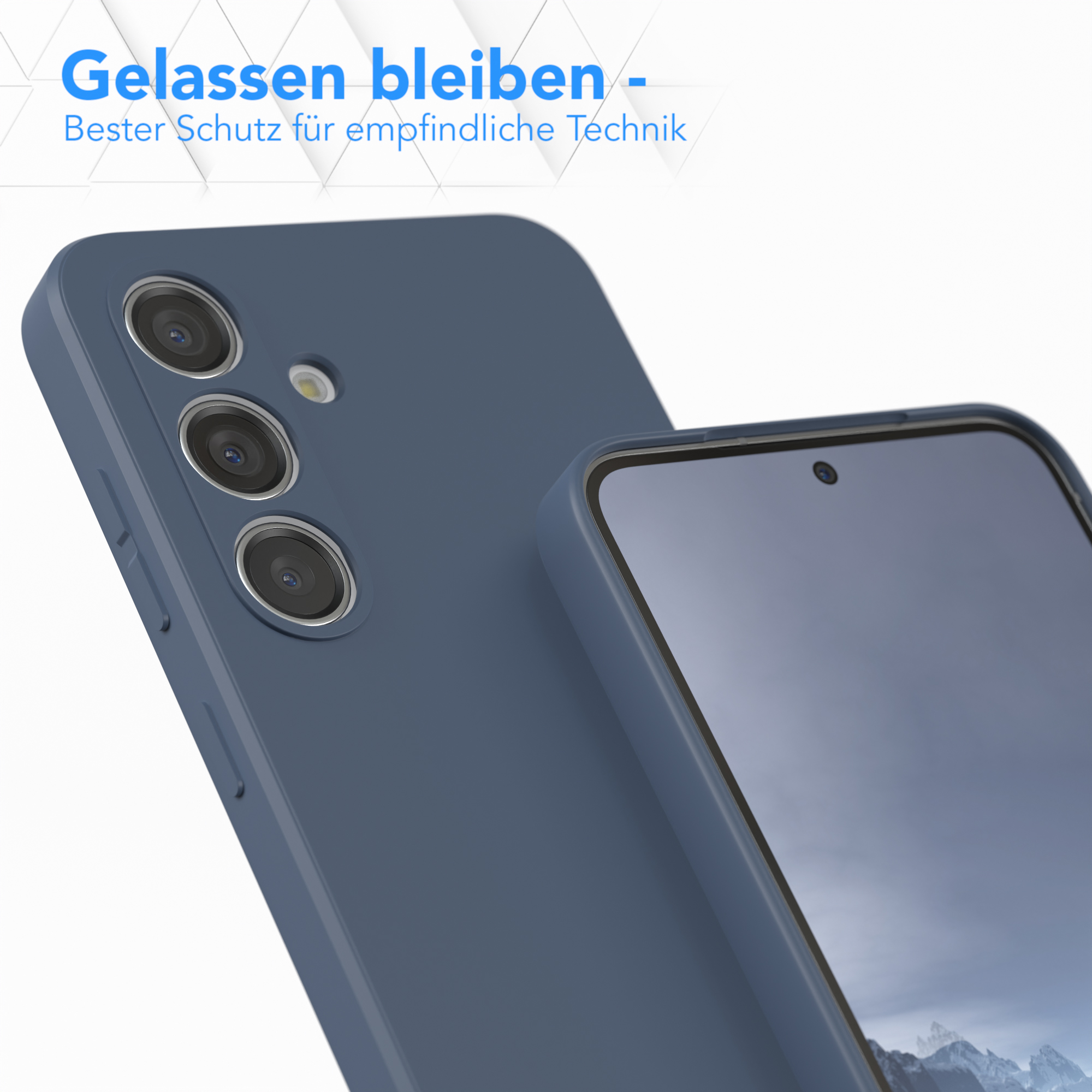 Blaue Handyhülle und ein Telefon, das Kamera und Hüllendesign zeigt.