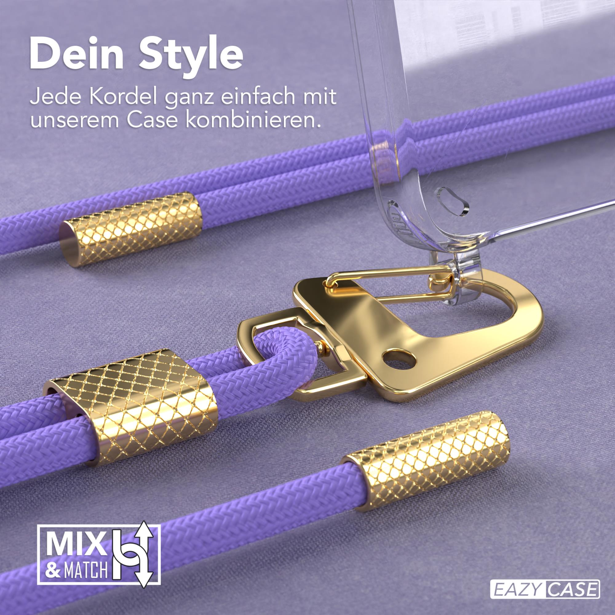 Nahaufnahme einer Handyhülle mit lila Kordel und goldenen Akzenten.