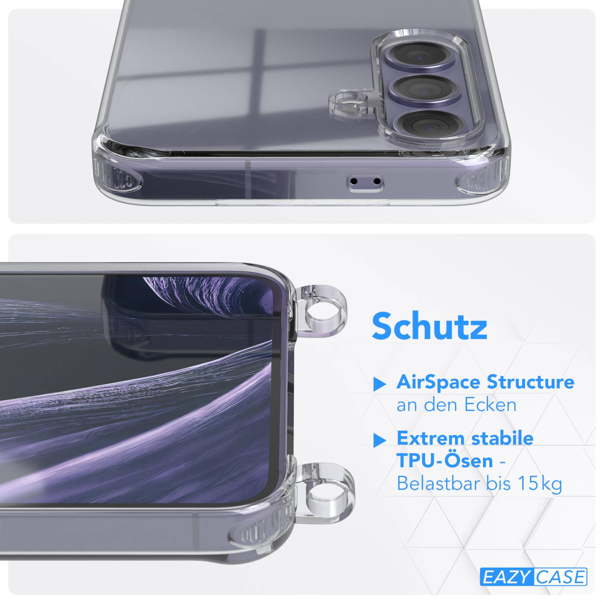 Nahaufnahme einer transparenten Handyhülle mit Details zum Telefon.