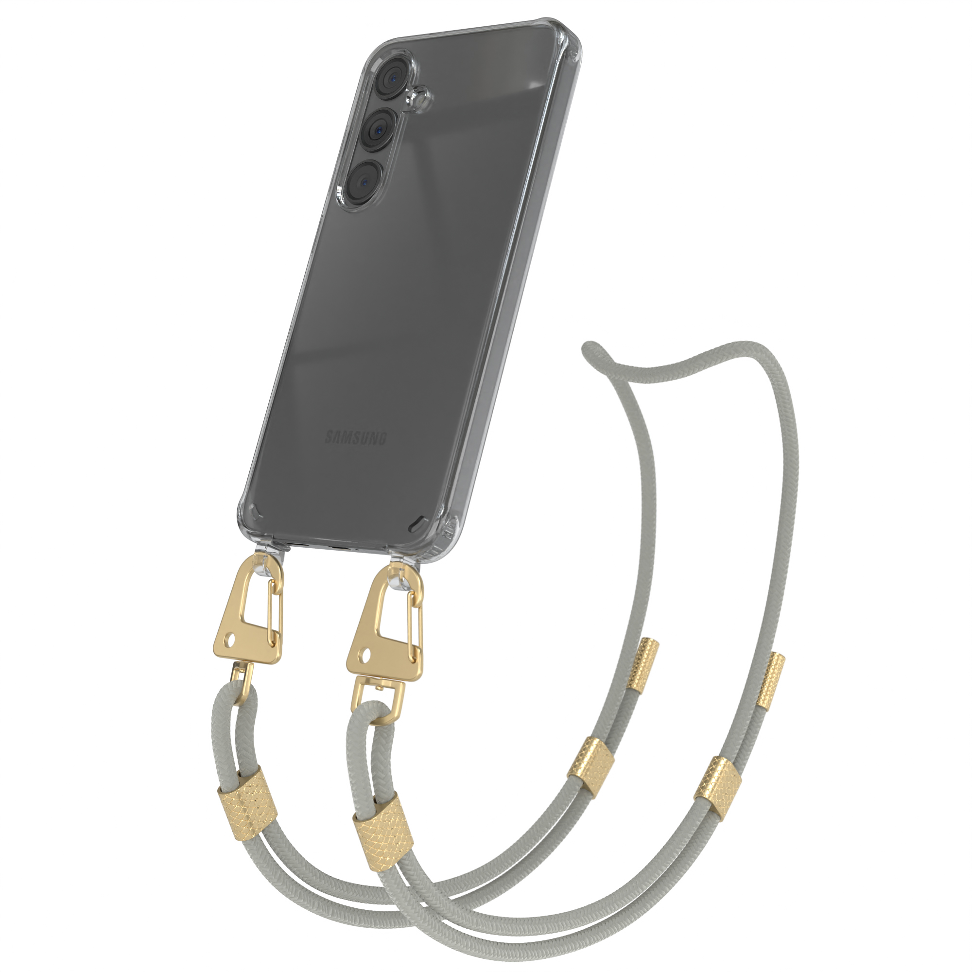Transparente Handyhülle mit grauem Kordel. Das Telefon ist transparent und die Schnur ist grau. Weißer Hintergrund.