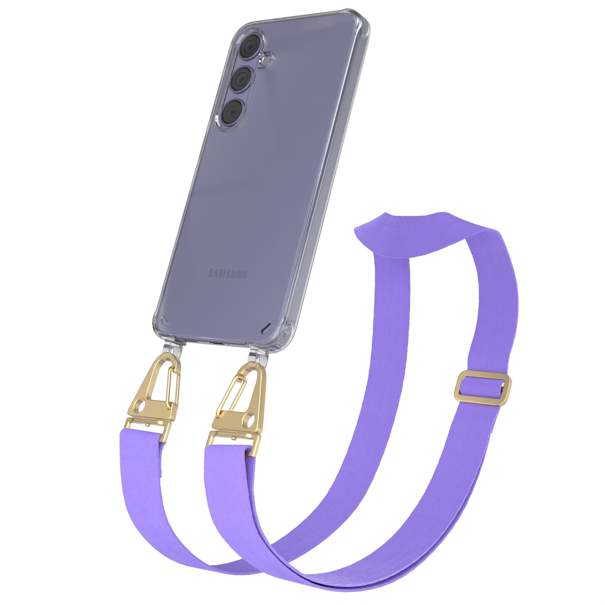 Klares Telefon mit lila Gurt. Goldene Verschlüsse befestigen den Gurt an der Handyhülle. Weißer Hintergrund.