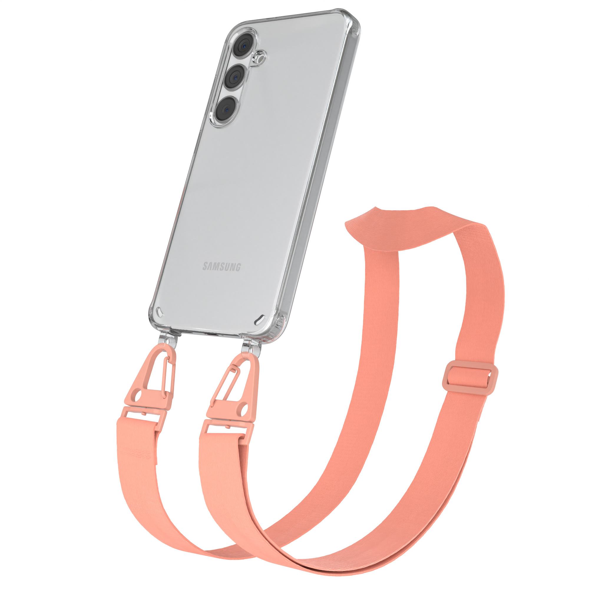 Transparente Handyhülle mit pinkfarbenem Lanyard.
