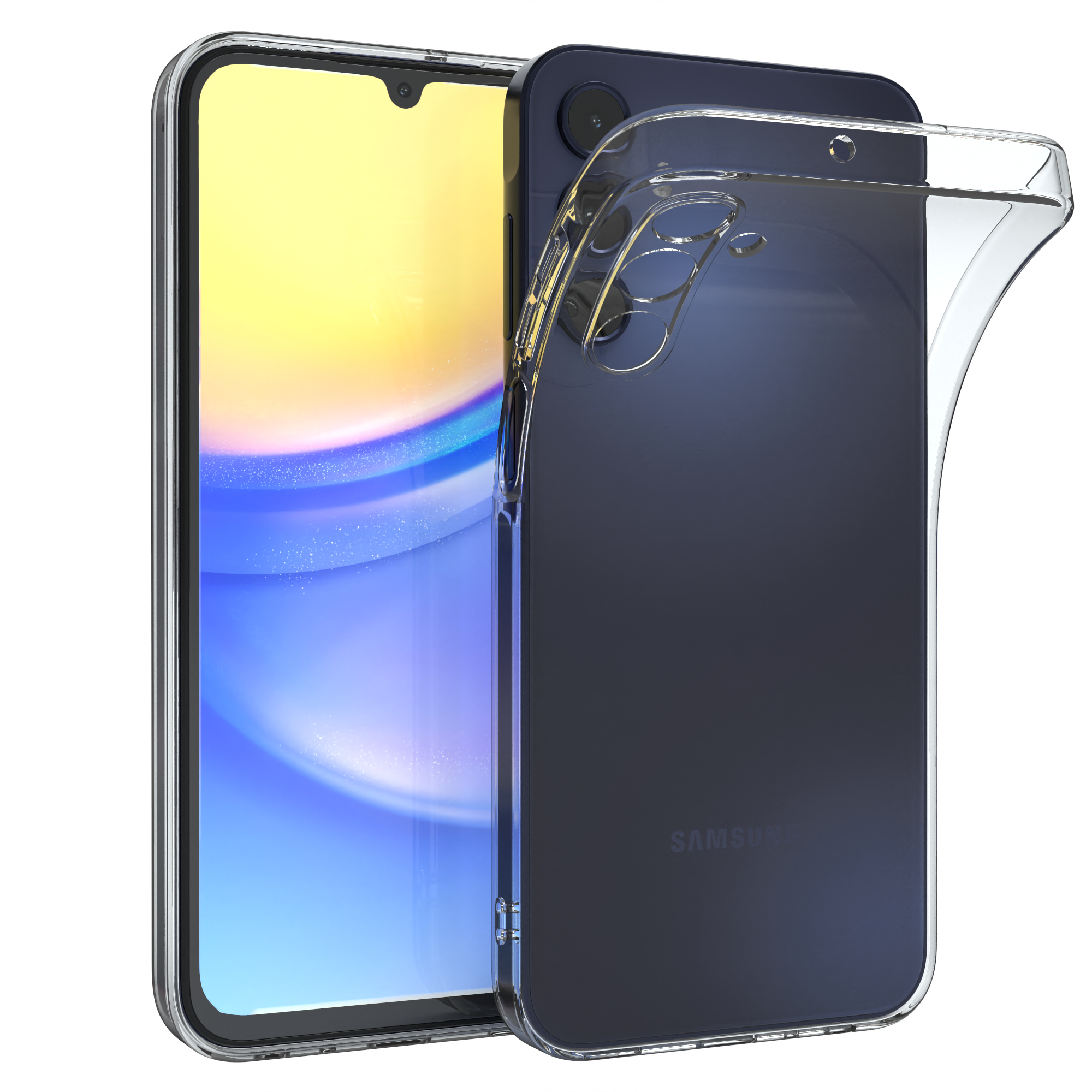 Transparente Handyhülle auf einem Telefon. Das Telefon hat einen gelben Bildschirm.