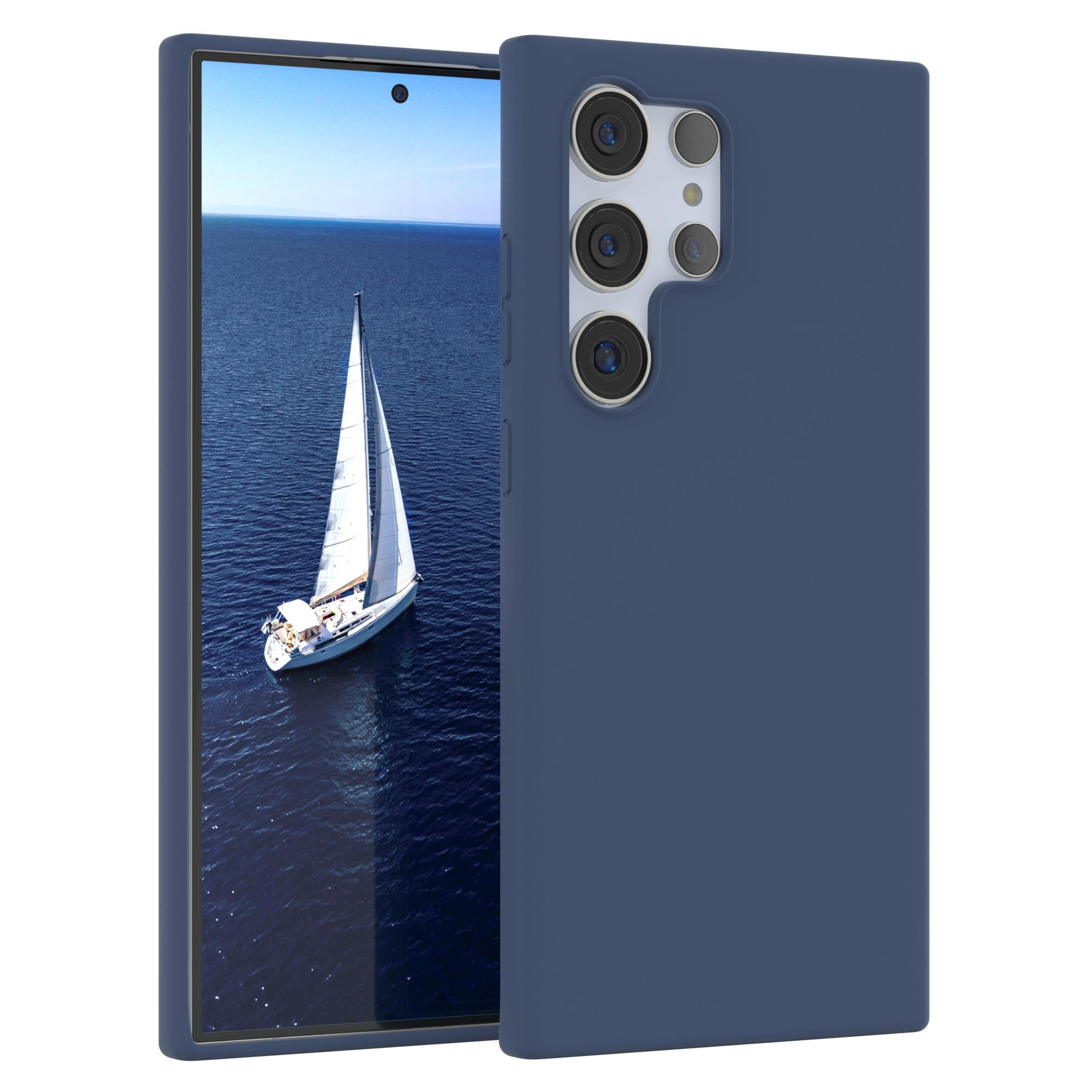 Blaue Handyhülle mit einem weißen Boot, das auf dem Meer segelt.