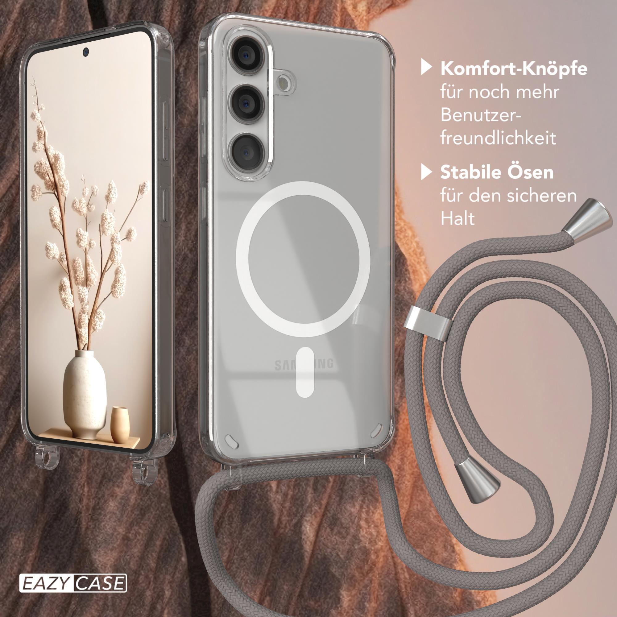 Eine Handyhülle mit einem Telefon darin, ein graues Schlüsselband ist befestigt.