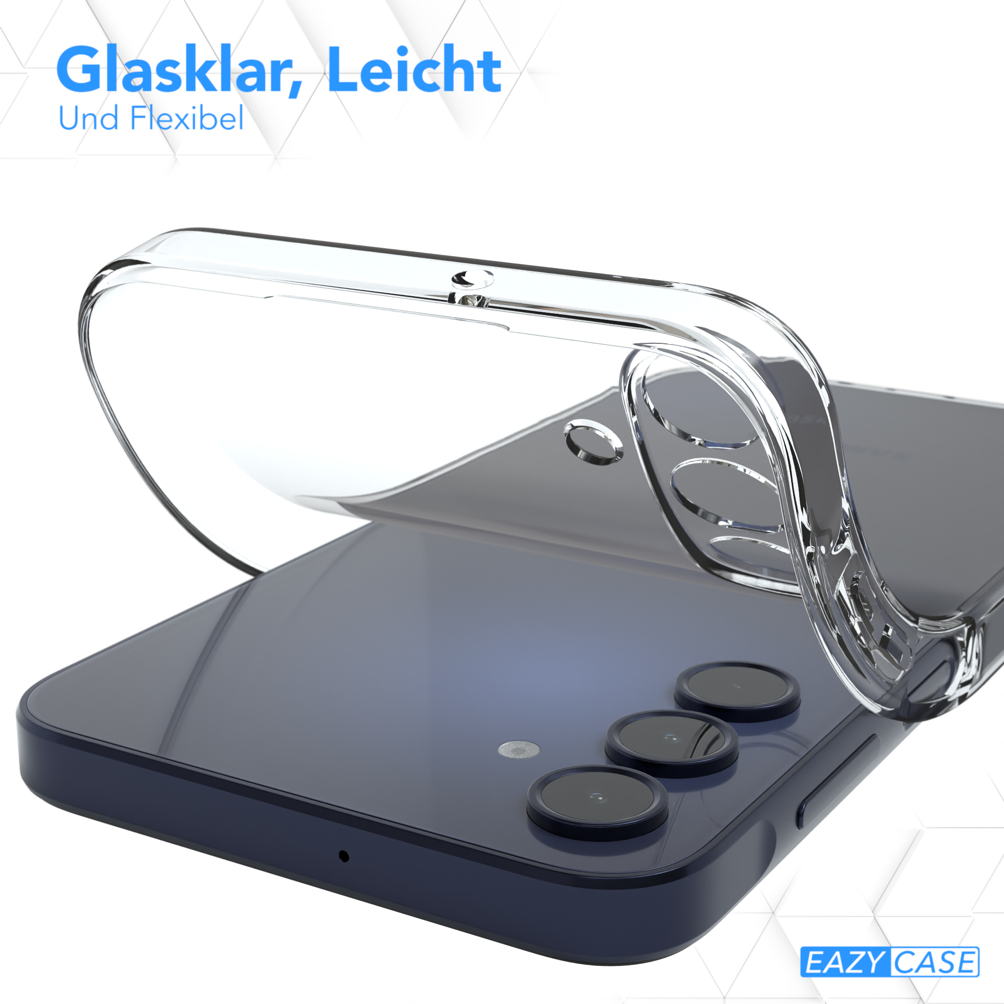 Eine transparente Handyhülle über einem dunkelblauen Telefon, das die Kameralinsen zeigt, der Text lautet klar, leicht und flexibel.