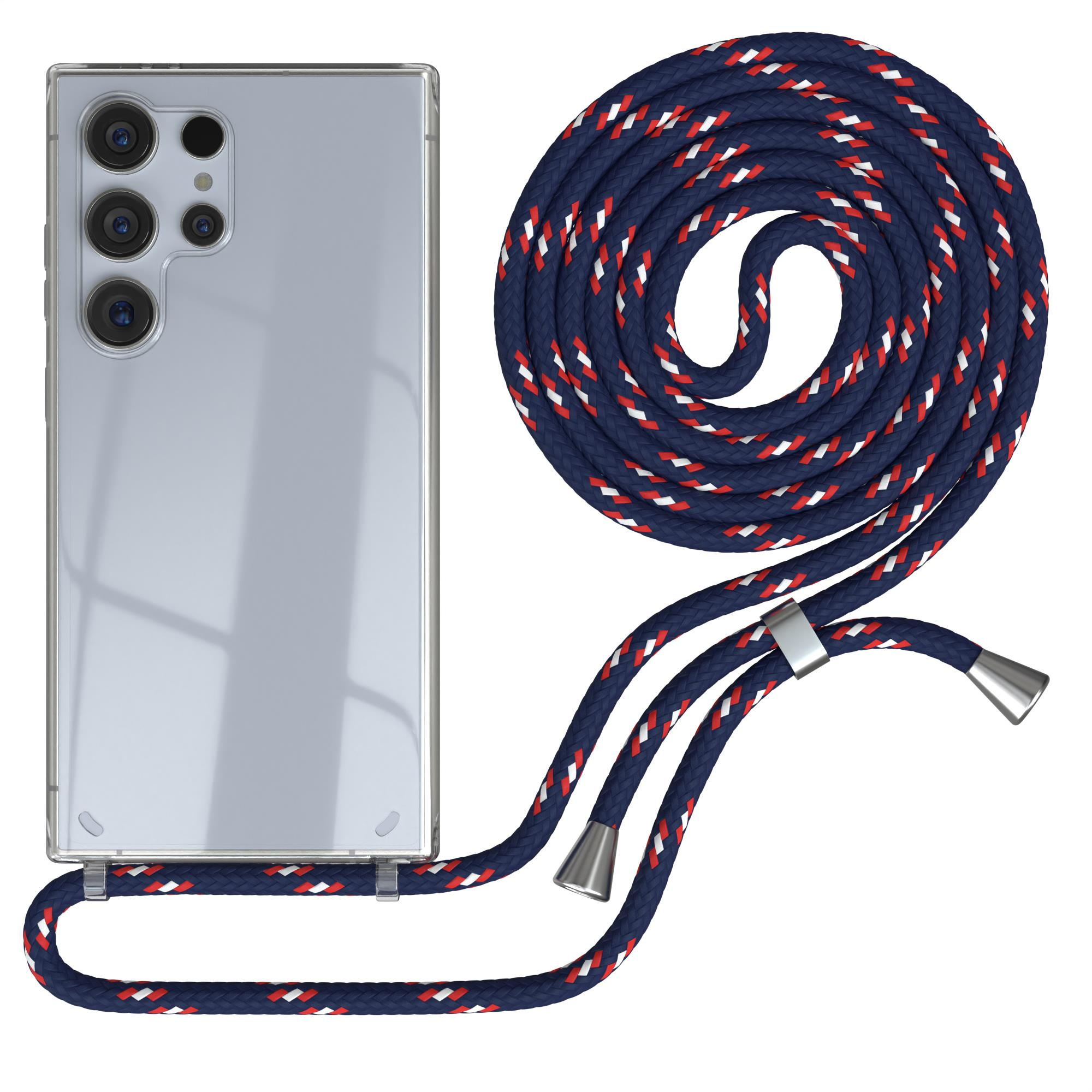 Telefon mit blauem, roten und weißen Gurt.