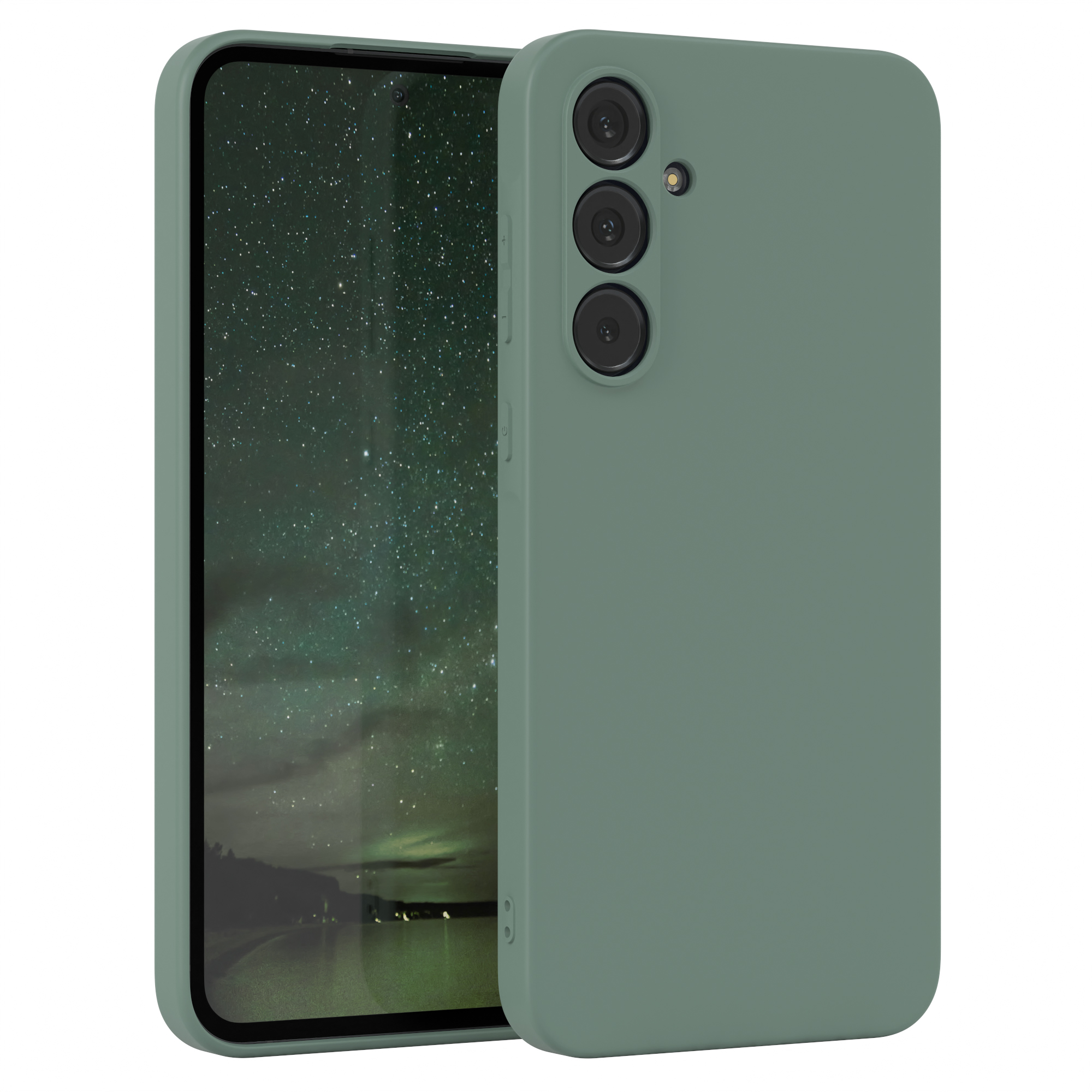 Grüne Handyhülle mit einem Telefon, das einen Sternenhimmel zeigt.