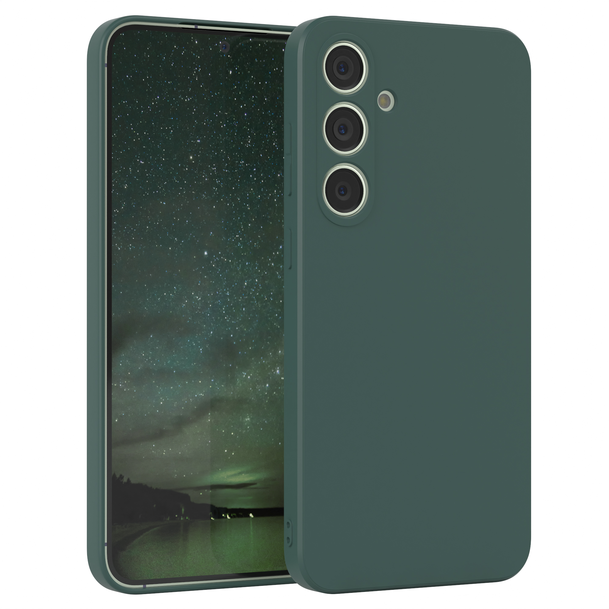 Grüne Handyhülle mit Telefon, vor Nachthimmel. Hülle hat drei Kameras.