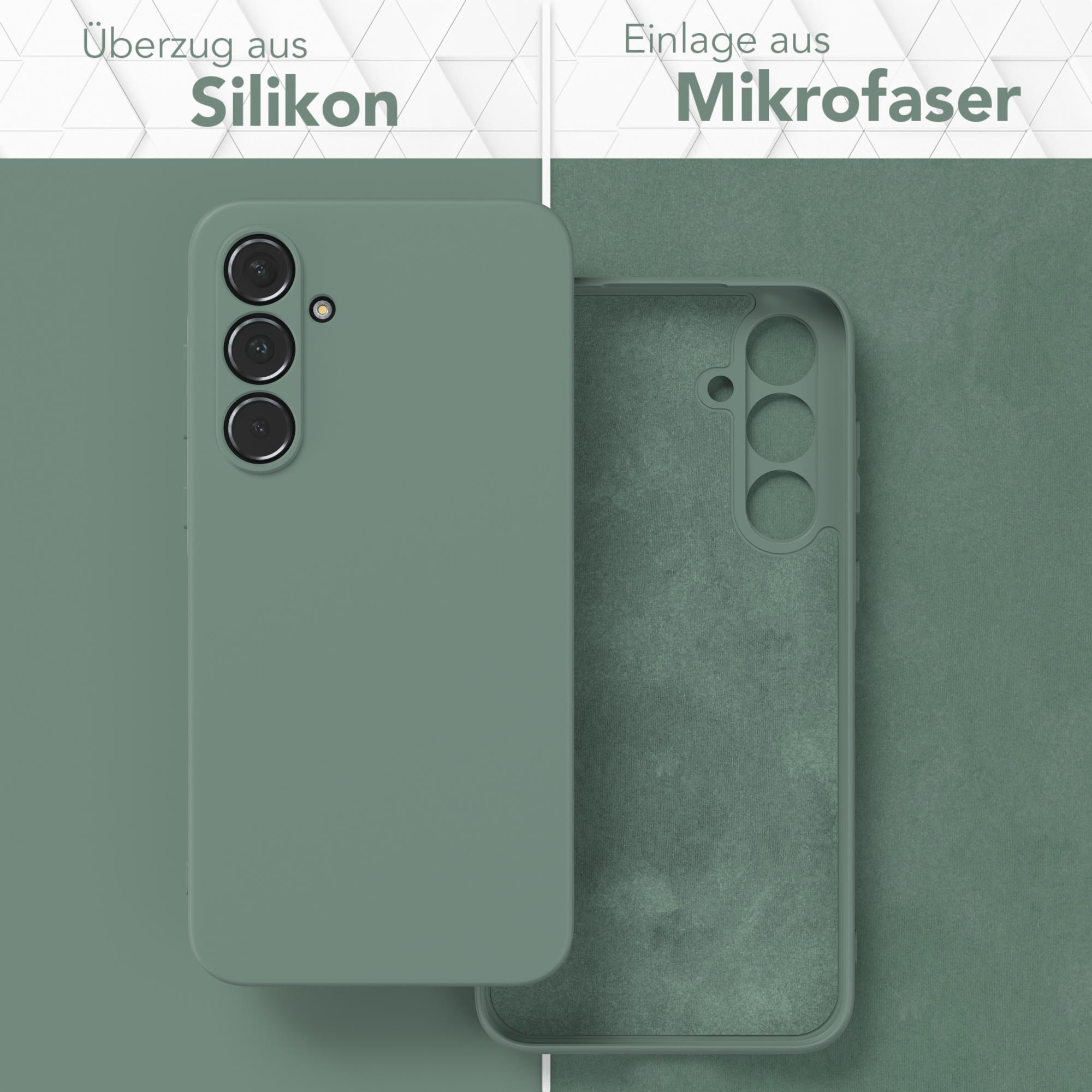 Grüne Handyhülle mit Silikon außen und Mikrofaser innen. Text sagt Silikon und Mikrofaser.
