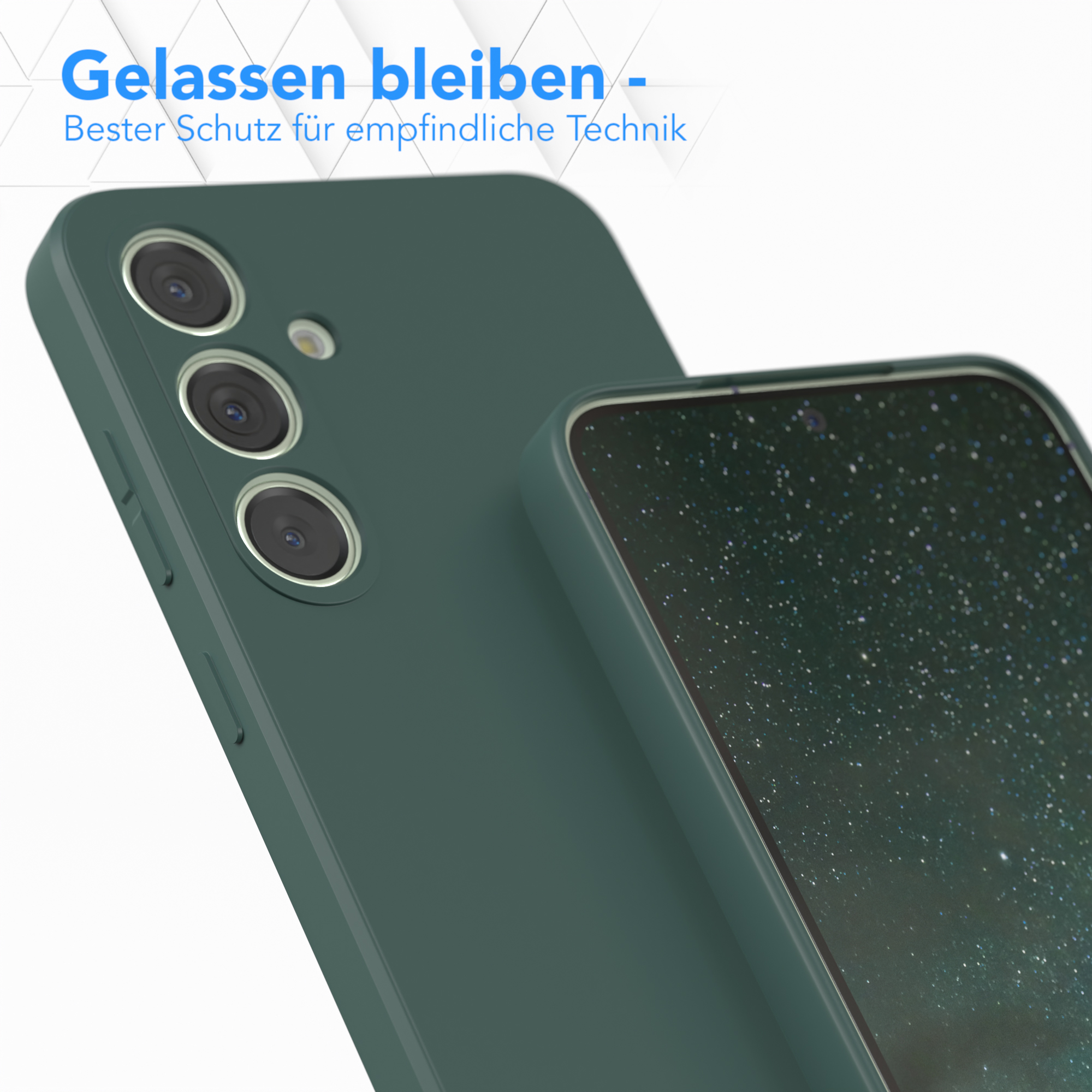 Nahaufnahme einer grünen Handyhülle. Ein Telefon ist darin, das den Bildschirm zeigt. Die Hülle ist dunkelgrün.
