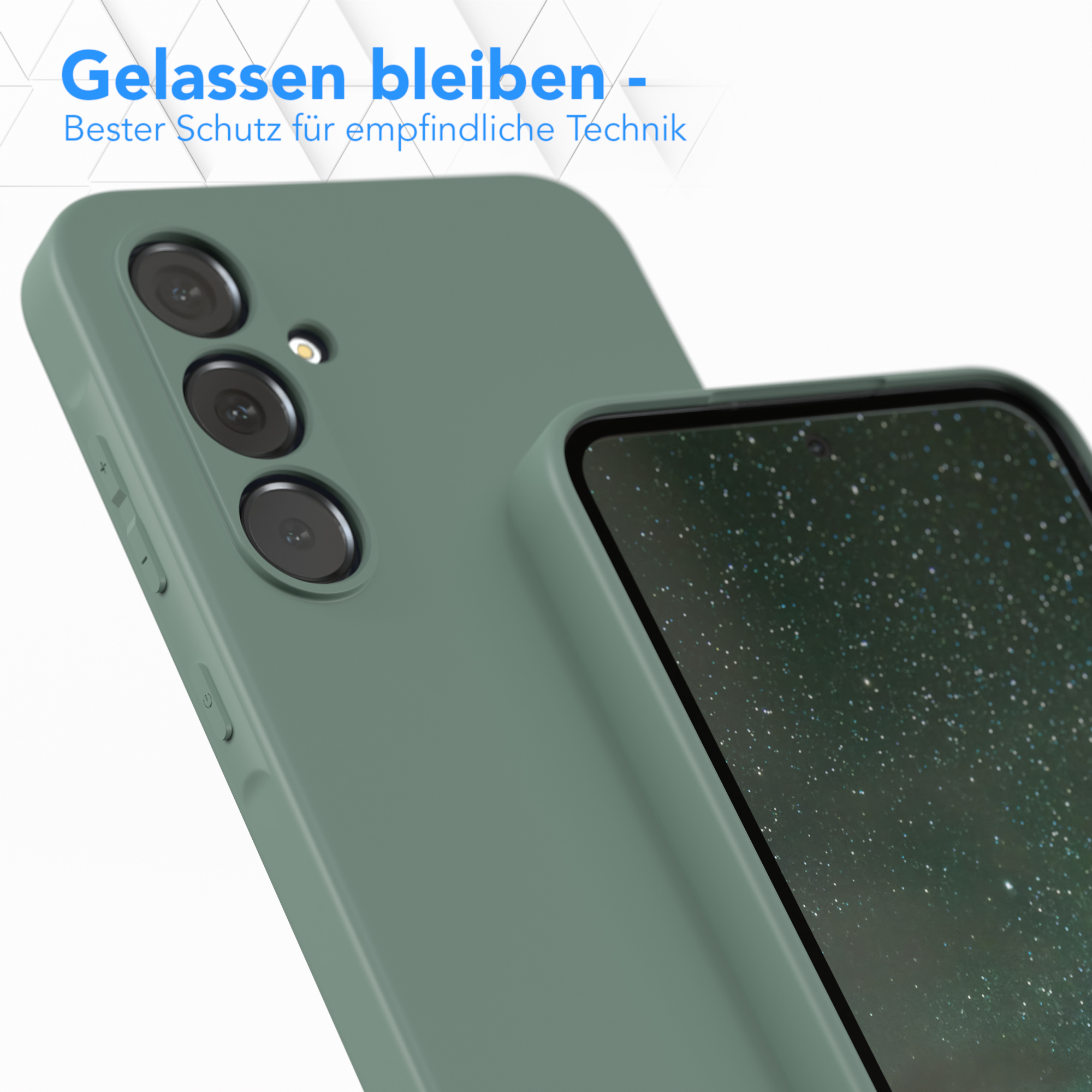 Grüne Handyhülle und Telefon. Hintergrund: Textüberlagerungen, Produktmerkmale.