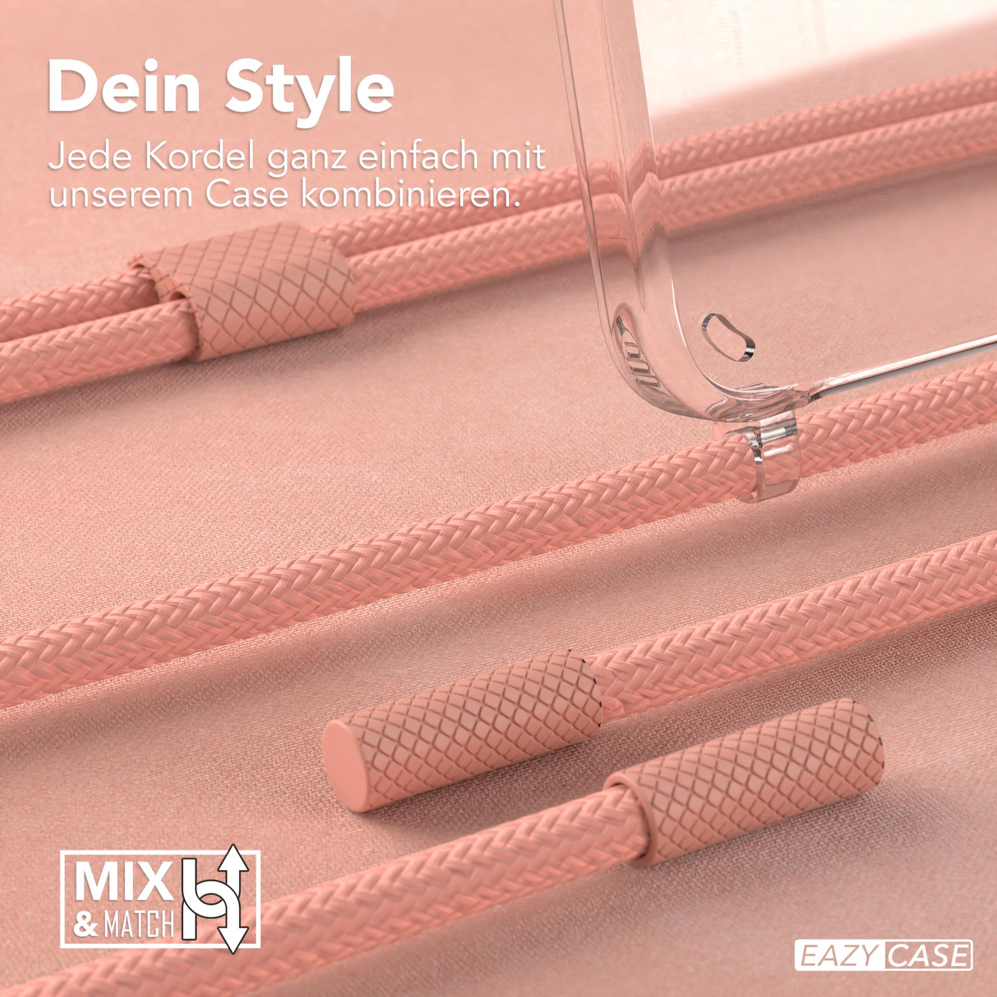 Nahaufnahme einer Handyhülle mit rosa Kordeln und einer transparenten Handyhülle.