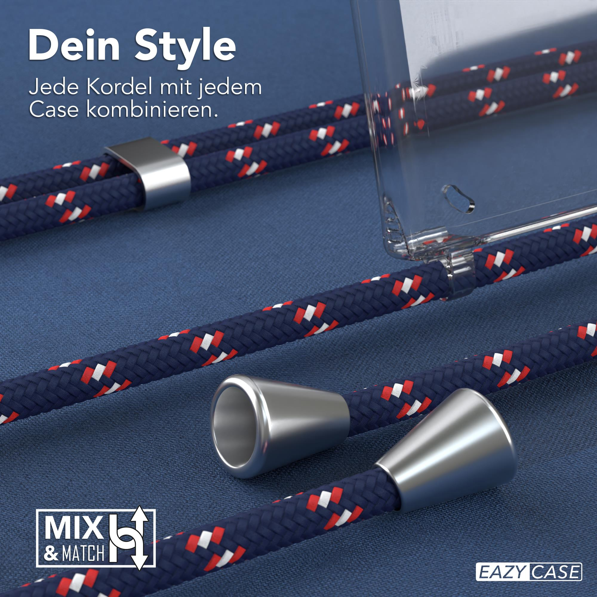 Nahaufnahme einer Handyhülle und eines Riemens mit einem blauen gemusterten Kabel.