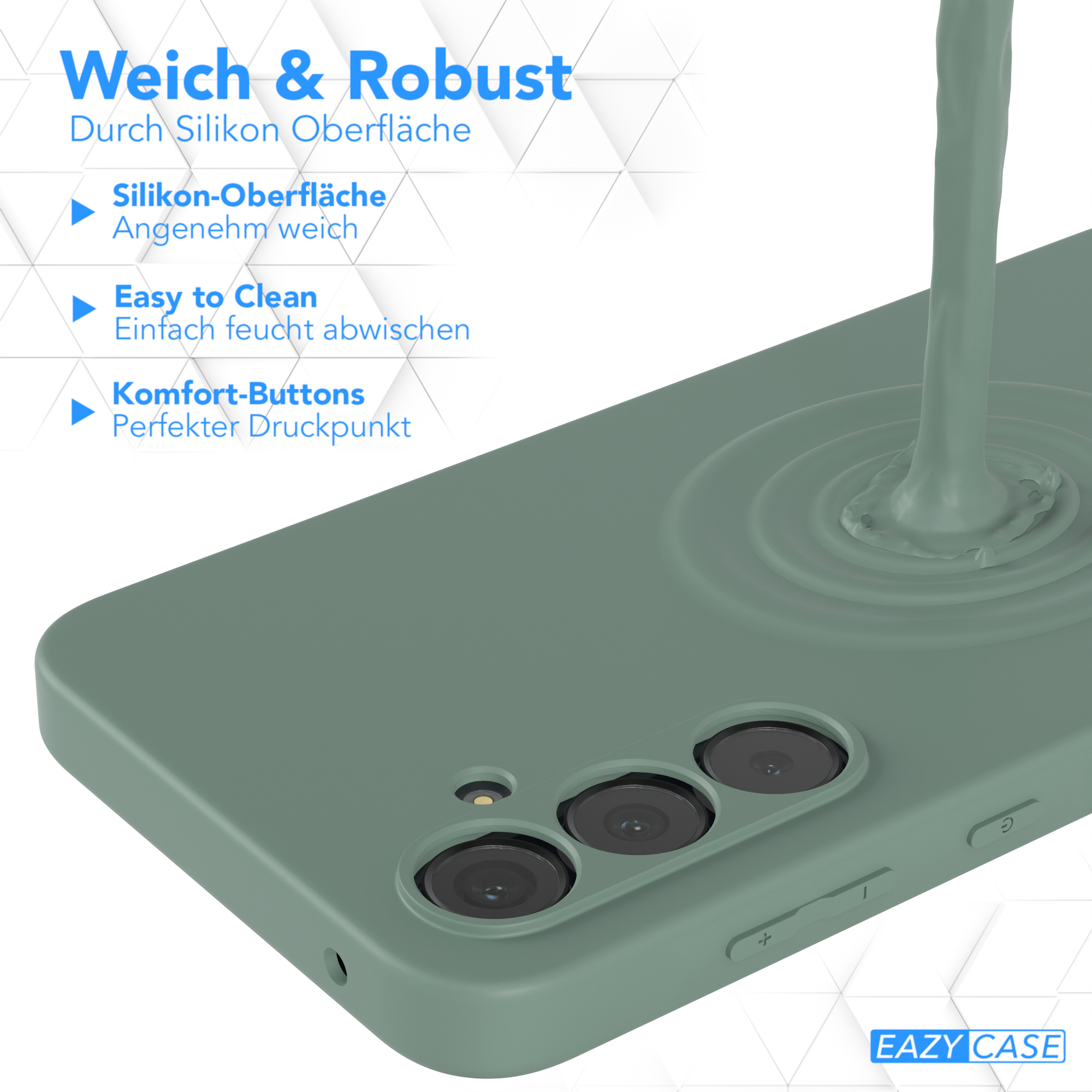 Grüne Handyhülle mit Flüssigkeit und dem Text 'Weich & Robust'.