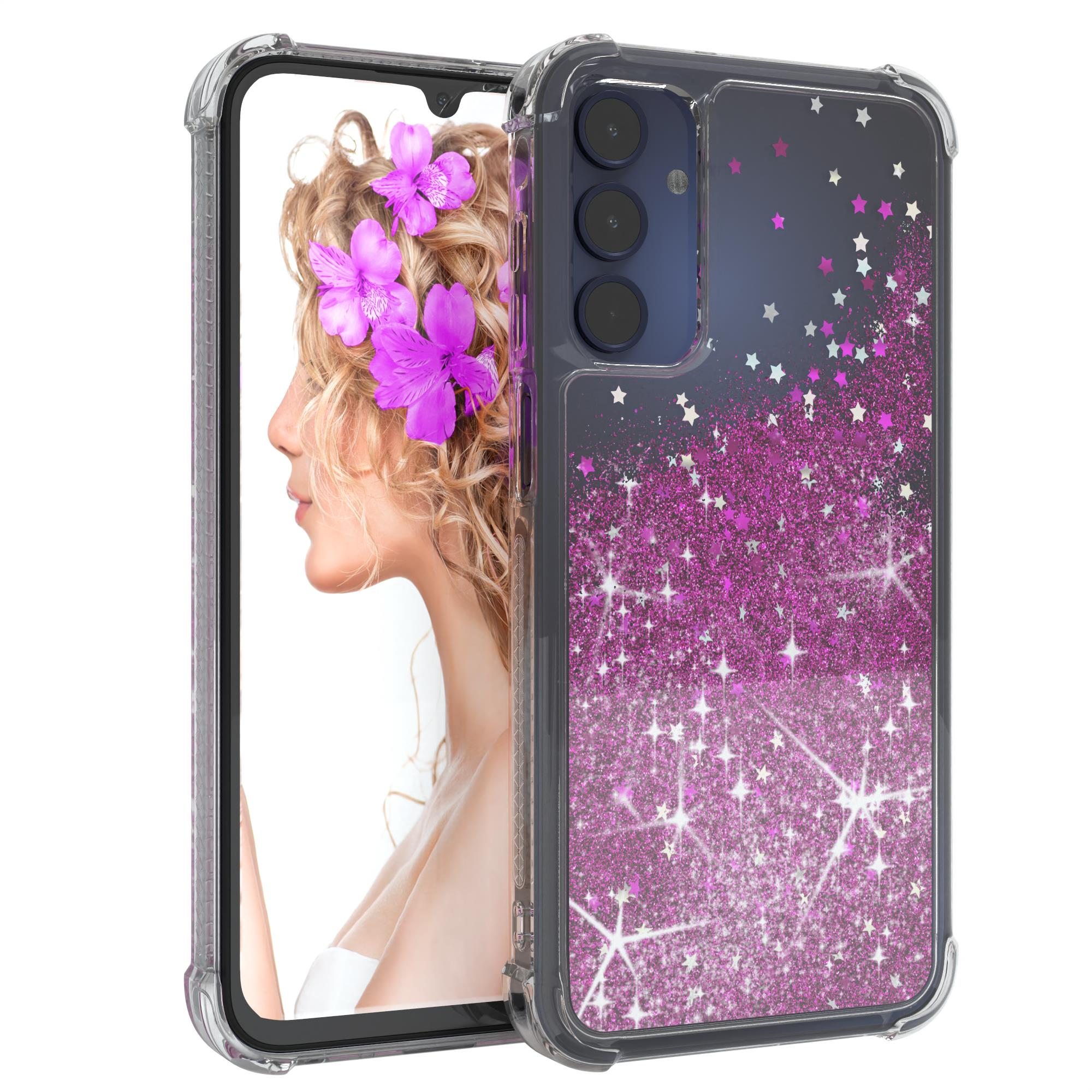 Handyhülle mit Frauengesicht und lila Blumen. Lila und rosa Sterne.