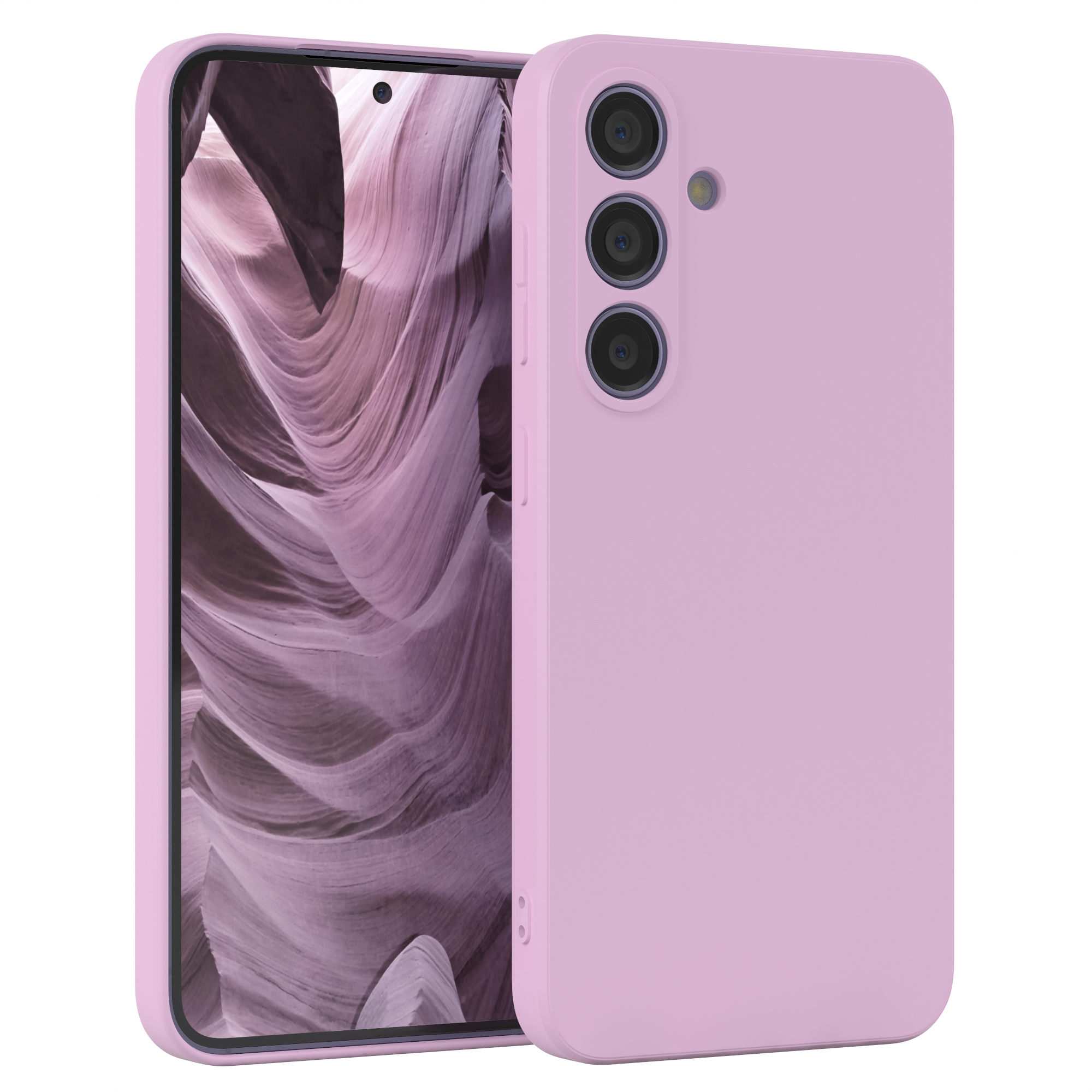 Telefon in rosa Hülle, mit verschwommenem Hintergrund.