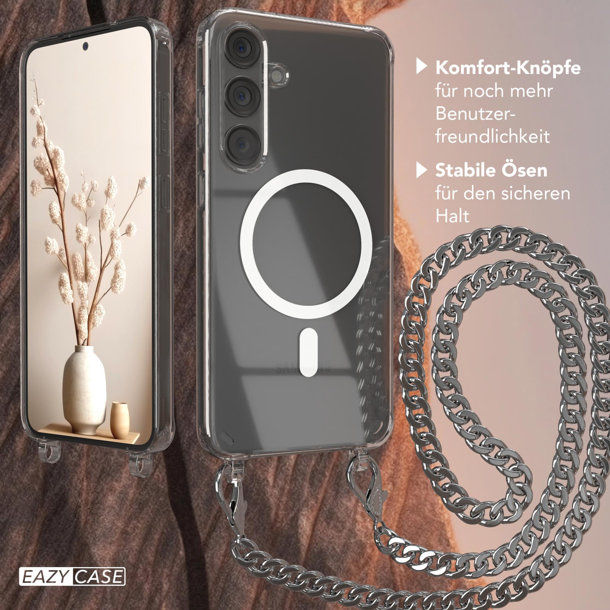 Handyhülle mit Kette und Blumen. Text: Komfort-Knöpfe, Stabile Ösen. Weißer Kreis auf der Rückseite des Telefons.