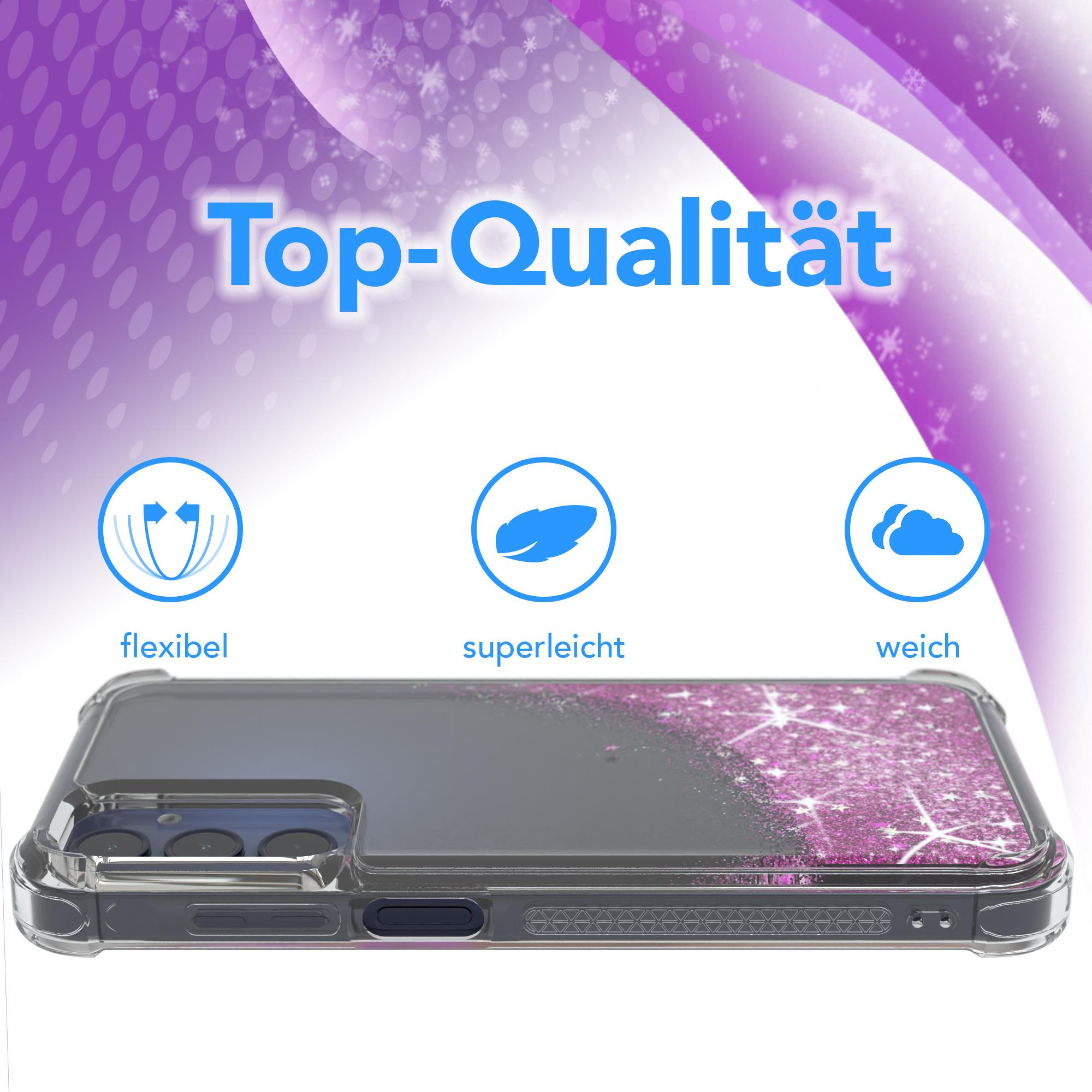 Transparente Handyhülle mit pinkem Glitzerdesign, mit Icons für Flexibilität, Leichtgewicht und weich.