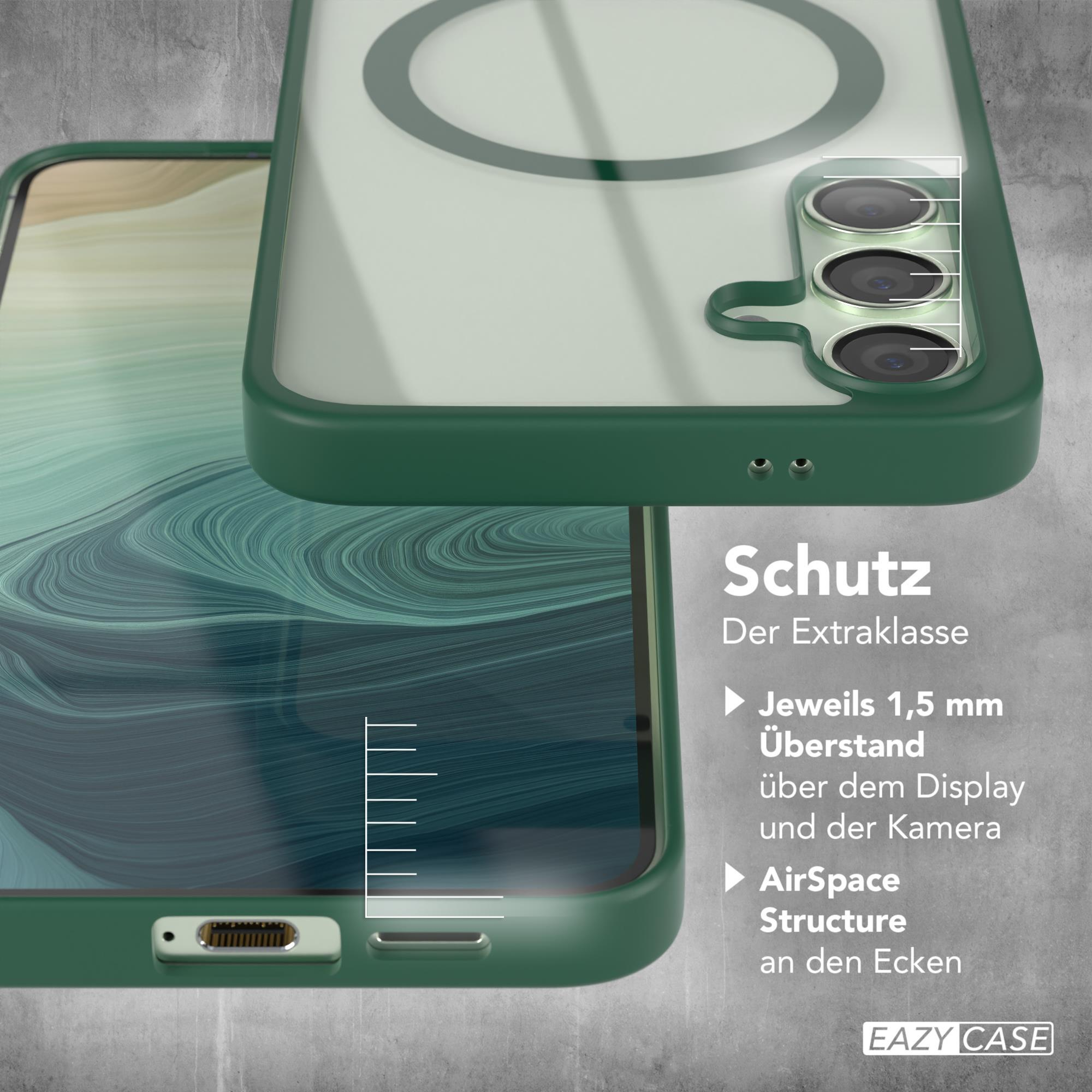 Eine Handyhülle mit grünen Rändern. Die Hülle bedeckt teilweise ein Telefon. Der Hintergrund ist ein grünes Muster.