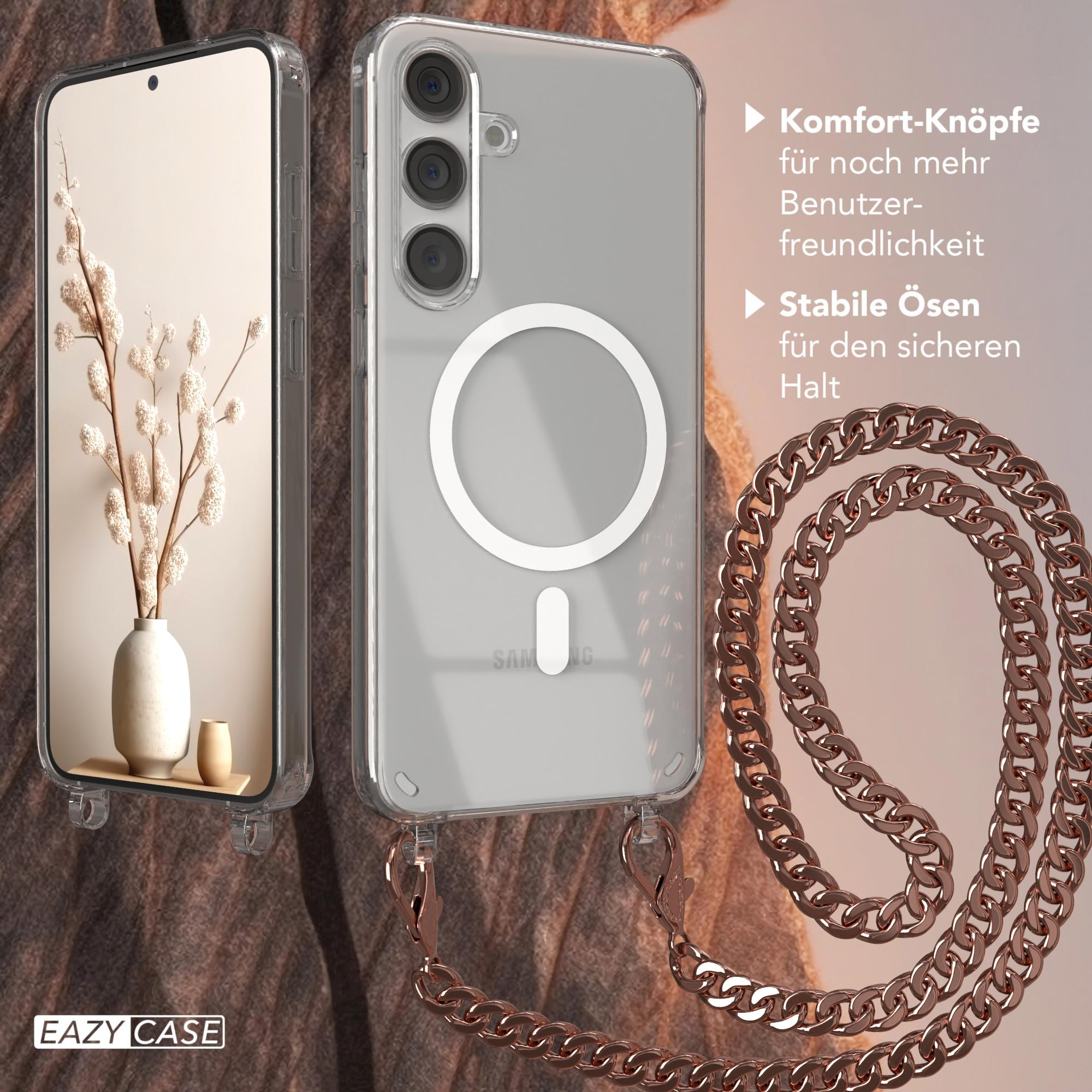 Transparente Handyhülle mit Kette. Telefon links, Kette rechts. Text über Knöpfe und sicheren Halt.