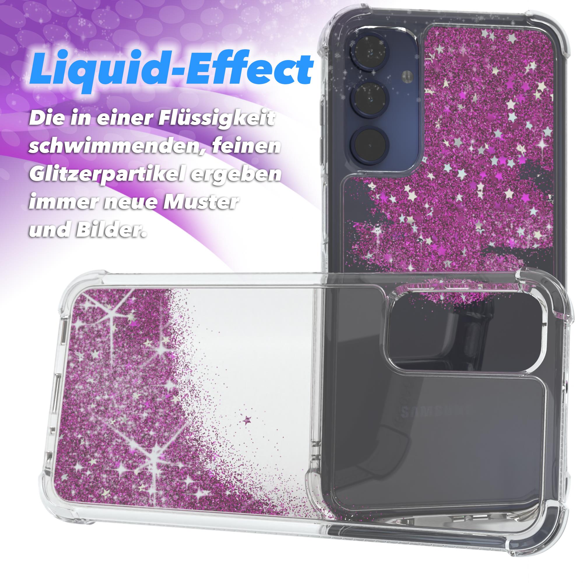 Transparente Handyhülle mit rosa Glitzer und Sternen. Ein Telefon ist darin. Die Hülle ist auf hellblauem Hintergrund.