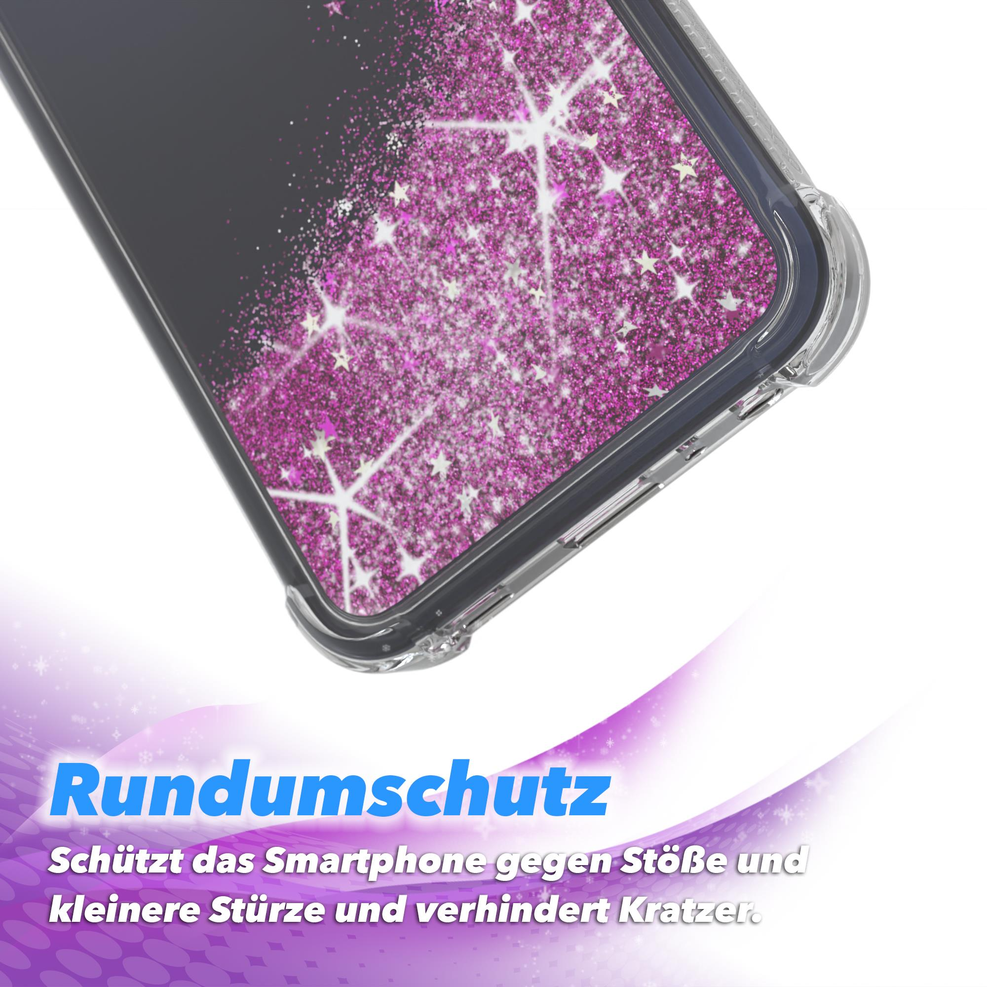 Nahaufnahme einer Handyhülle mit rosa Glitzerdesign. Überlagerungstext beschreibt Schutzfunktionen.