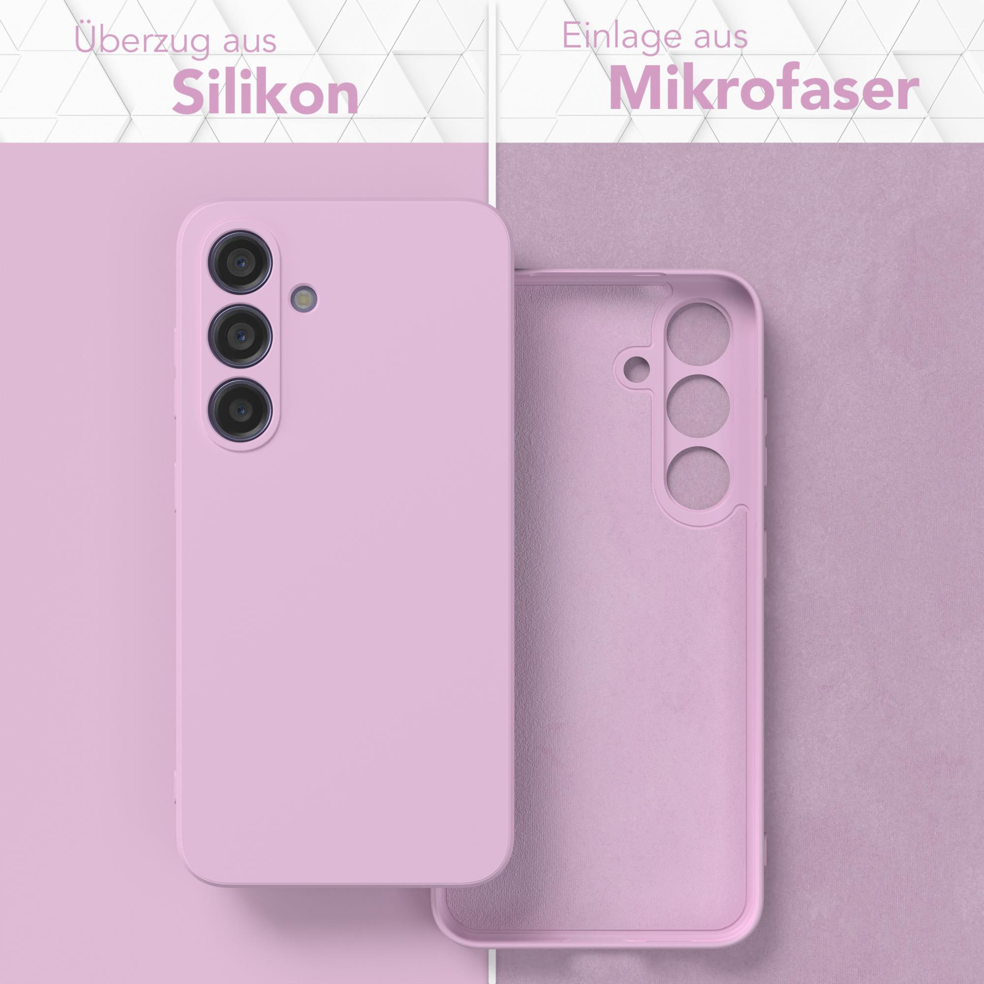 Rosa Handyhülle, Silikon außen, Mikrofaser innen. Text oben.
